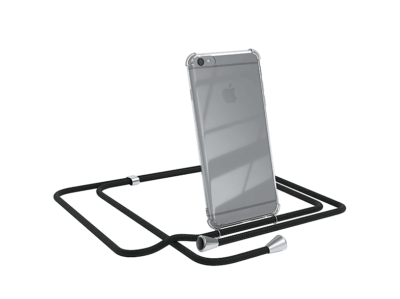 EAZY CASE Clear Cover mit Umhängeband, Umhängetasche, Apple, iPhone 6 / 6S, Schwarz / Clips Silber