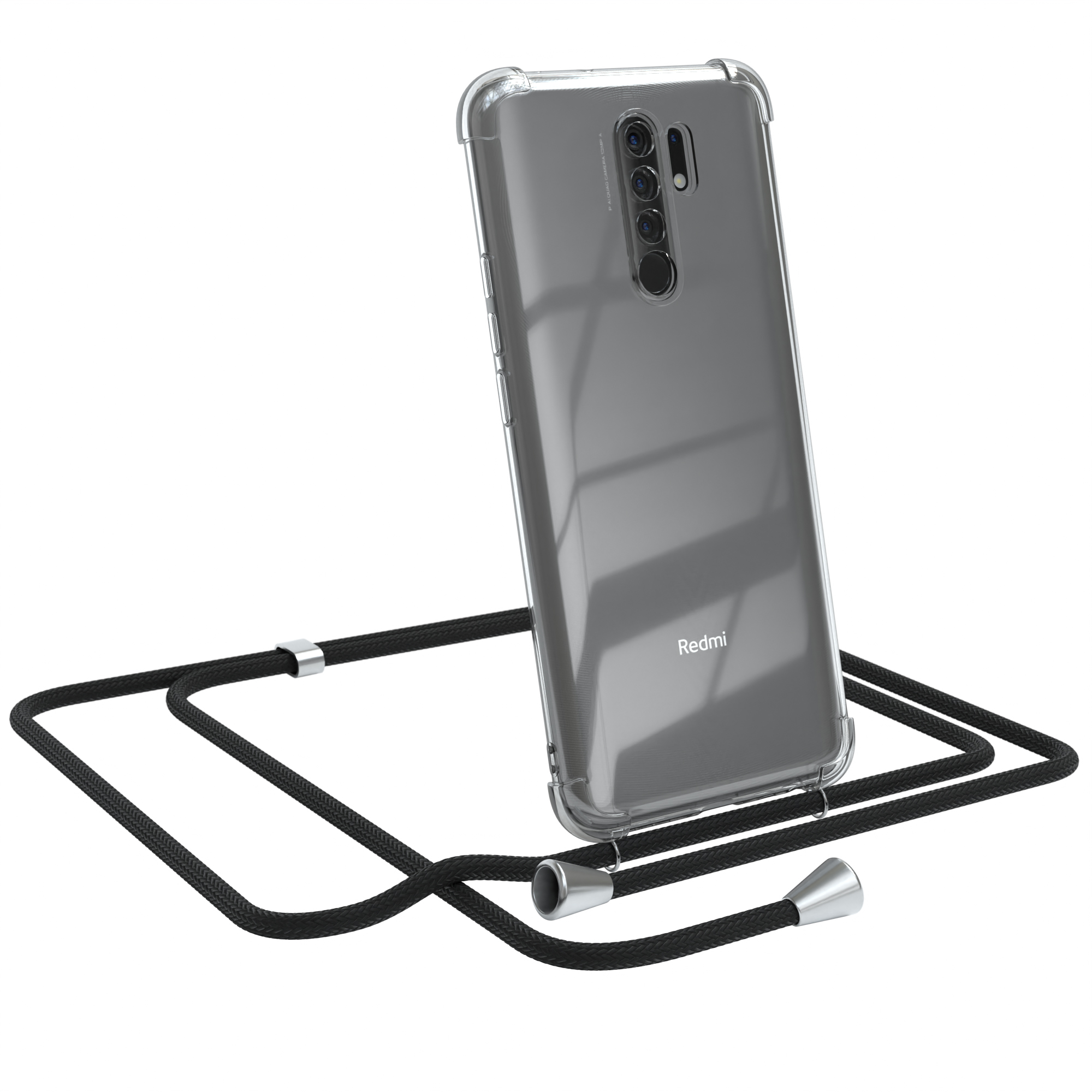 Transparente Handyhülle mit schwarzem Seilriemen, silbernen Akzenten und einem Redmi-Handy.