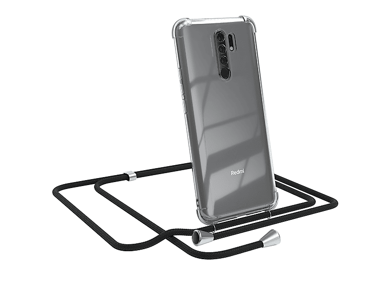 EAZY CASE Clear Cover mit Umhängeband, Umhängetasche, Xiaomi, Redmi 9 / Redmi 9 Prime, Schwarz / Clips Silber
