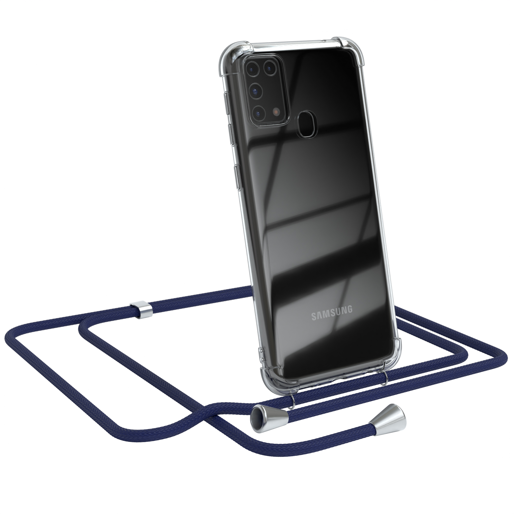 Telefon mit transparentem Gehäuse und marineblauem Riemen. Samsung-Telefon.
