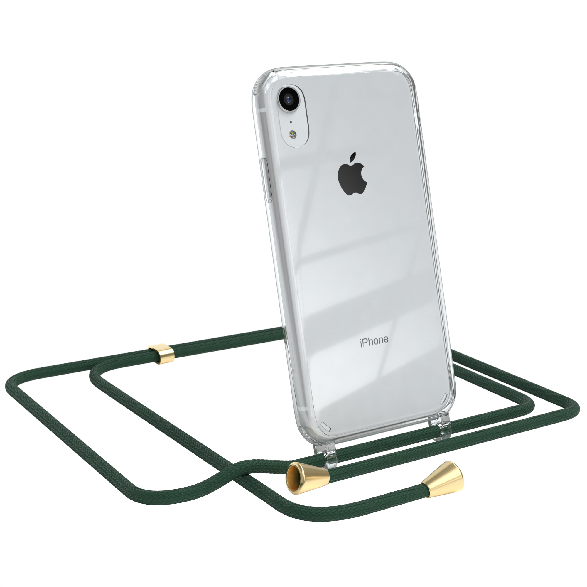 Klares iPhone mit grünem Lanyard. Goldakzente. Weißer Hintergrund.