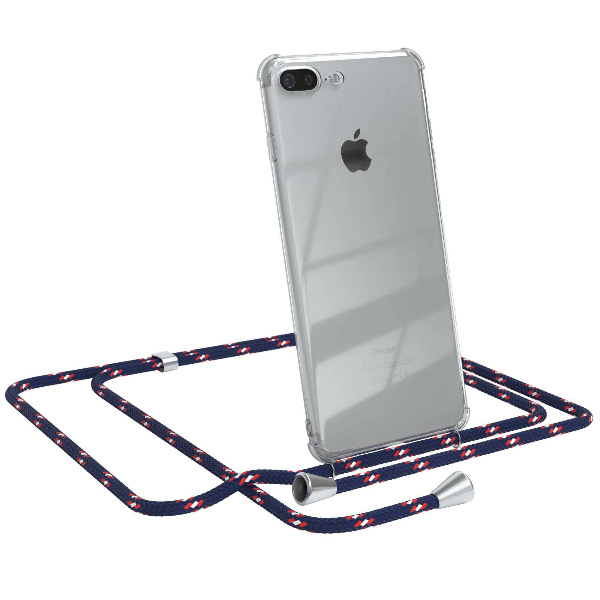 Transparente Handyhülle mit blauem, rotem und weißem Umhängeband. Apple-Logo sichtbar.