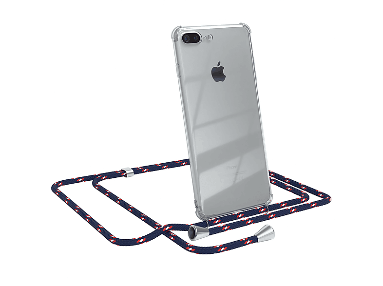 EAZY CASE Clear Cover mit Umhängeband, Umhängetasche, Apple, iPhone 8 Plus / 7 Plus, Blau Camouflage / Clips Silber