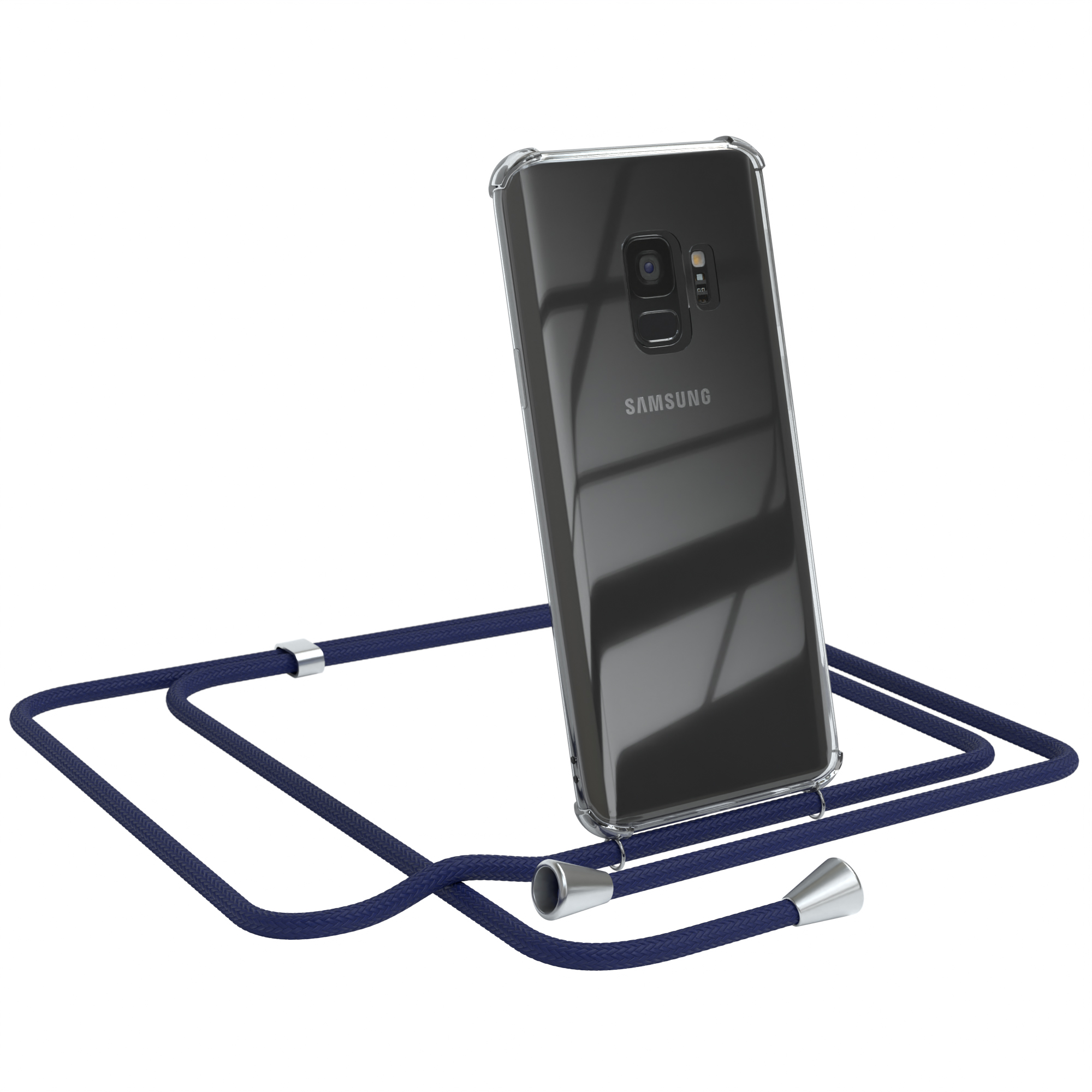 Transparente Handyhülle mit marineblauem Lanyard. Samsung mit sichtbaren Kameras.