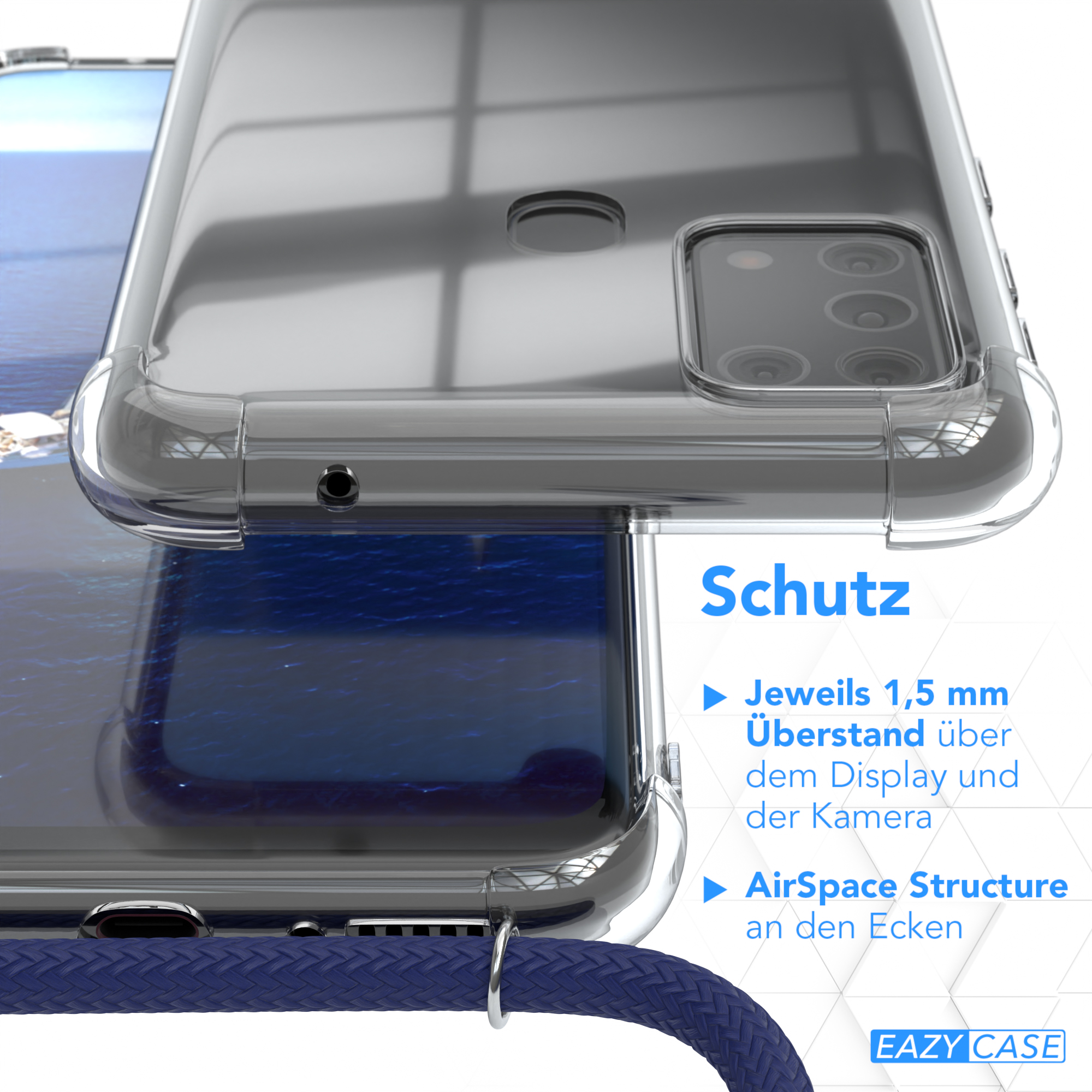 Transparente Handyhülle mit Text. Nahaufnahme des Randes der Hülle. Blaues geflochtenes Kordel.