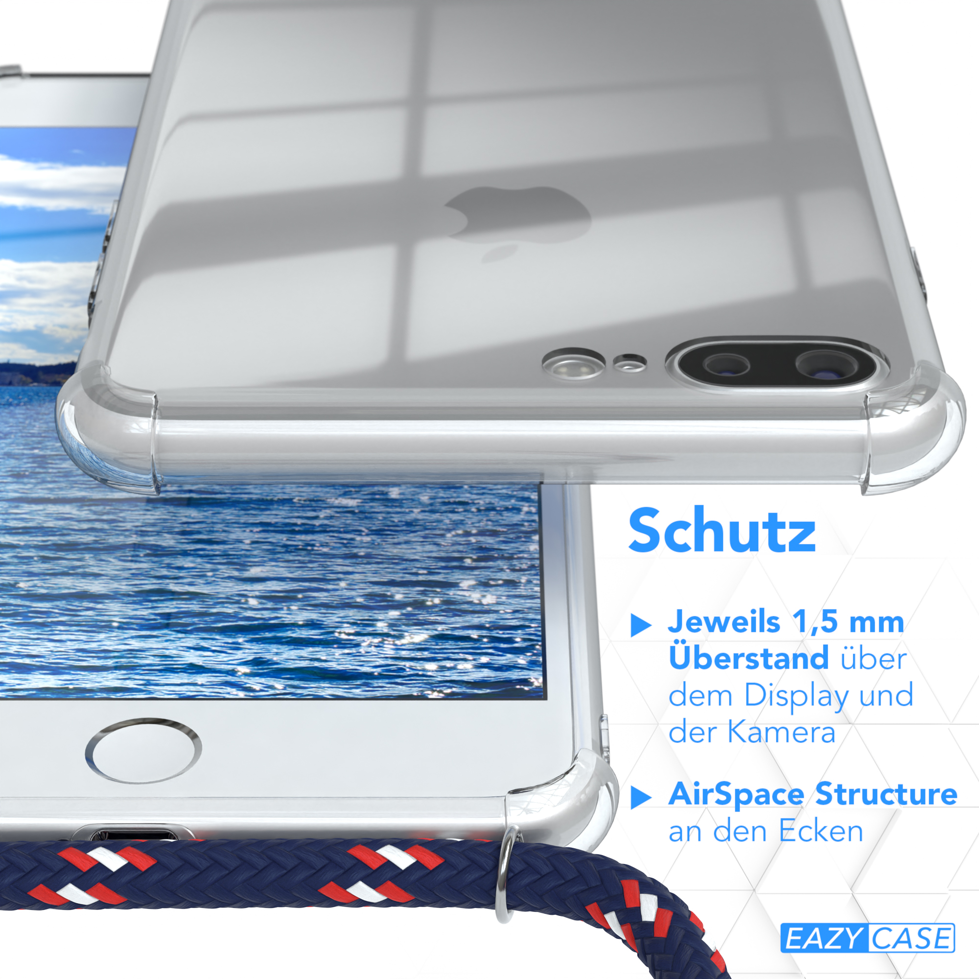 Nahaufnahme einer Handyhülle mit buntem Gurt und Telefon darin.