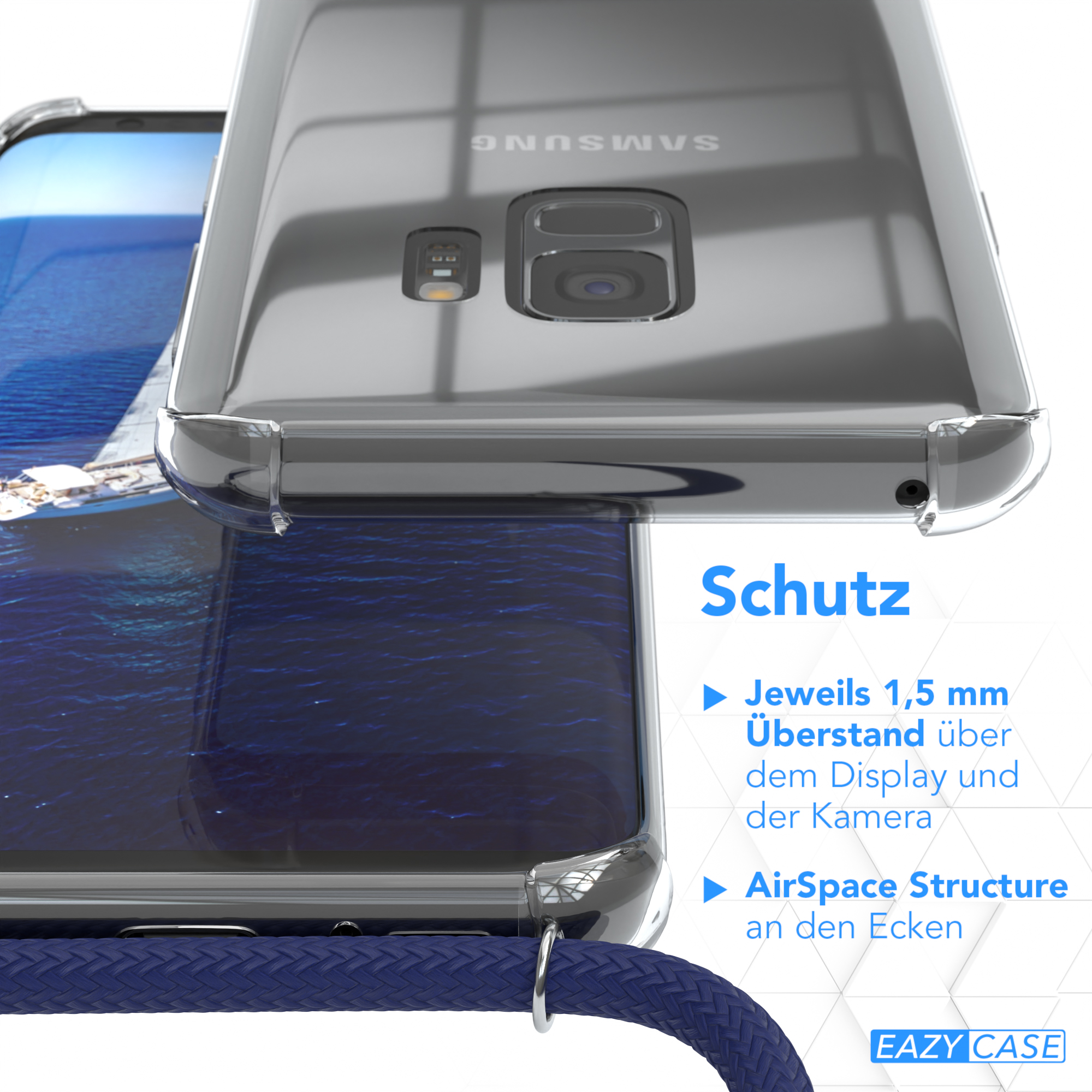 Transparente Handyhülle auf einem Telefon, die Schutzmerkmale und Text über das Produkt zeigt.