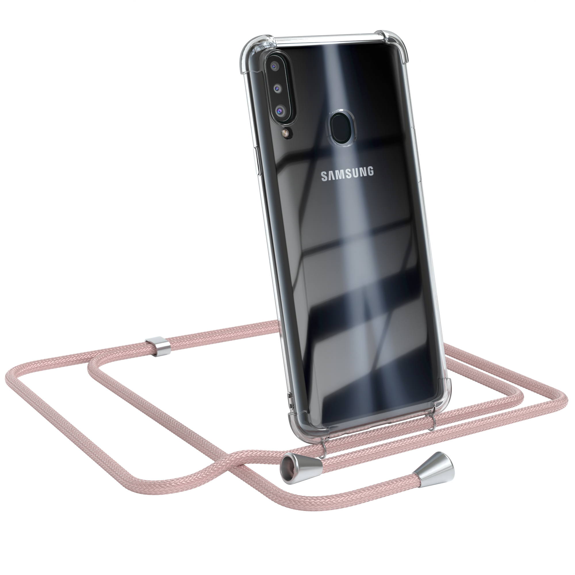 Samsung-Telefon in transparentem Gehäuse mit pinkfarbenem Umhängeband. Weißer Hintergrund.