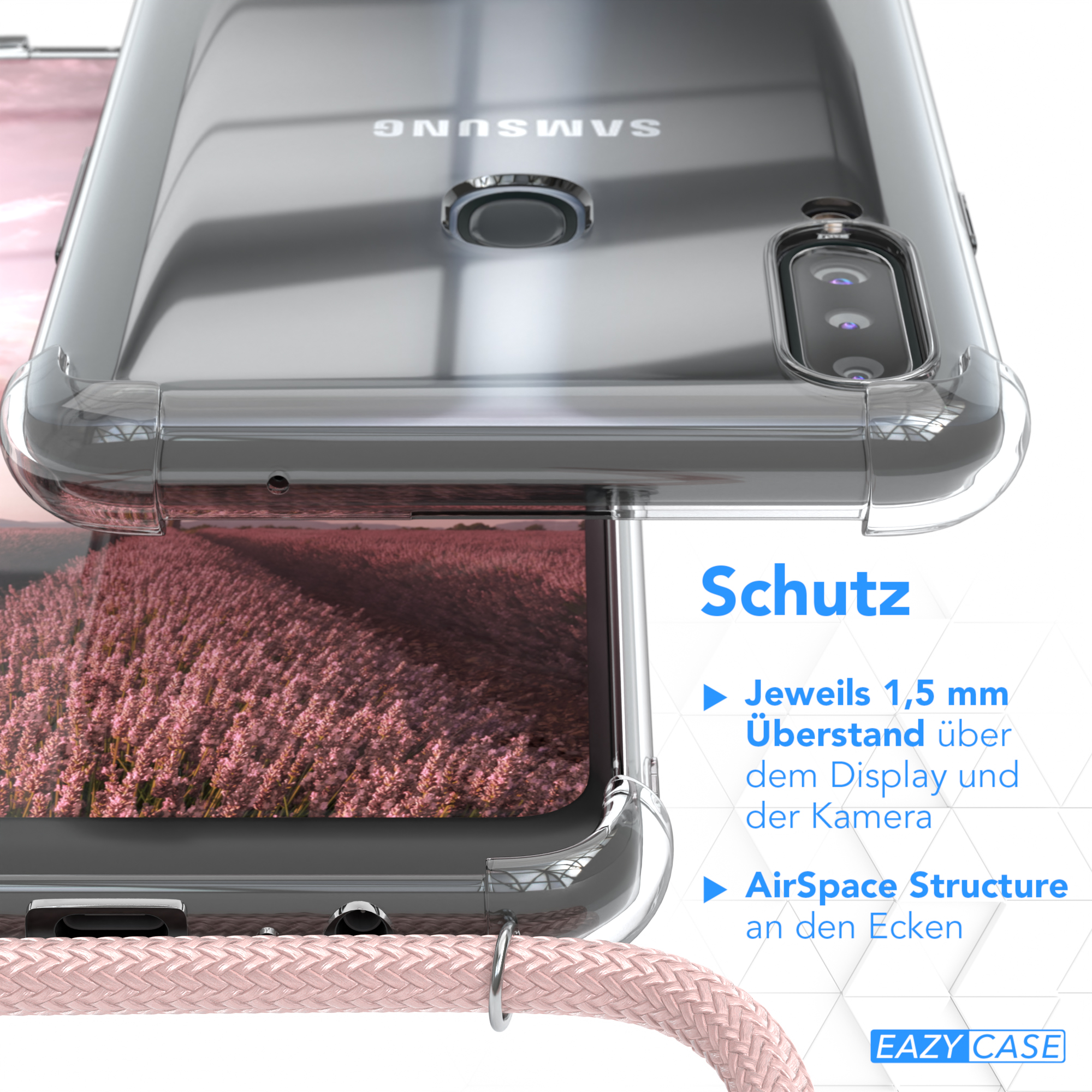 Eine transparente Handyhülle auf einem Telefon, mit Details: AirSpace-Struktur und 1,5 mm Überstand.