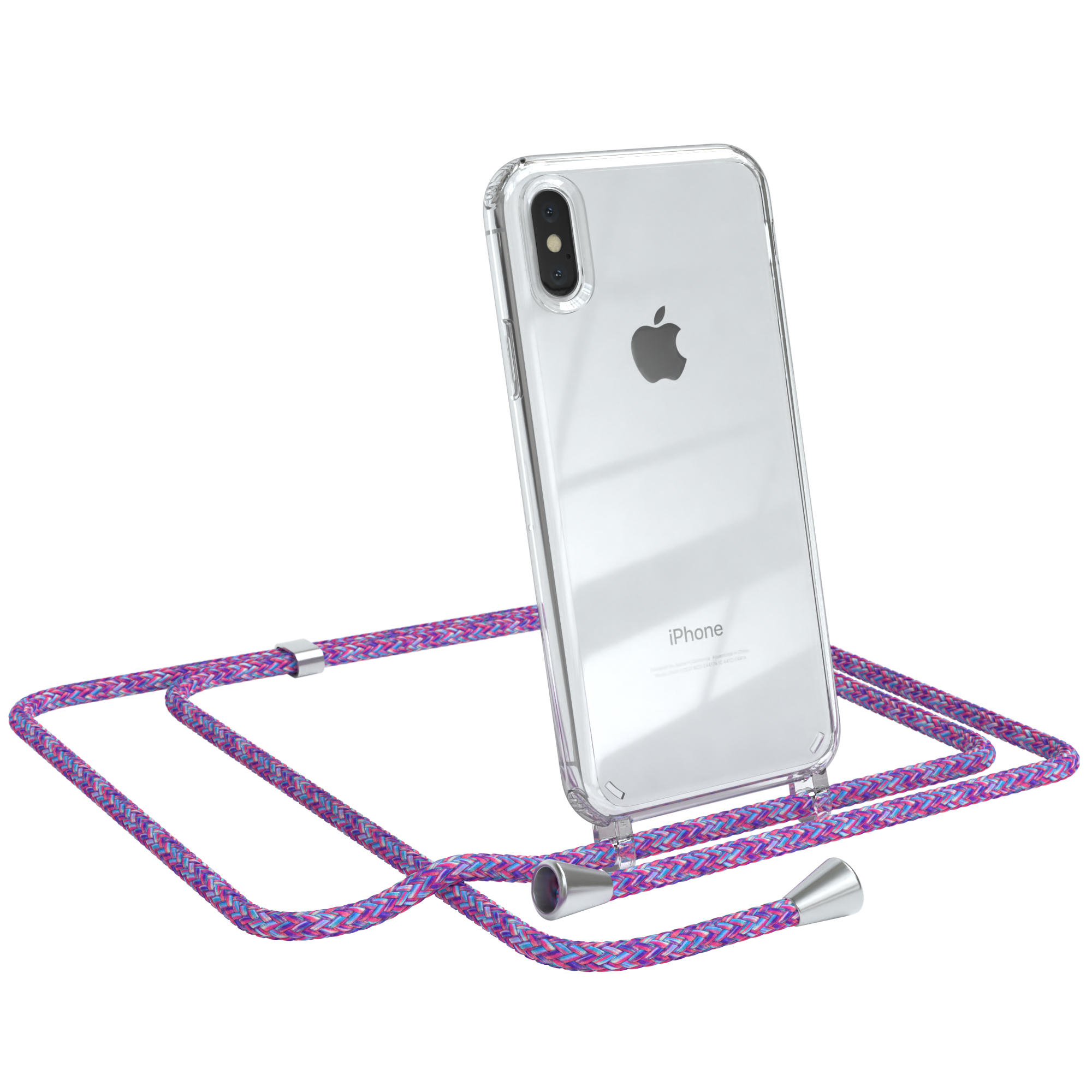 Ein iPhone in einer transparenten Hülle mit einem lila Kabel. Weißer Hintergrund.