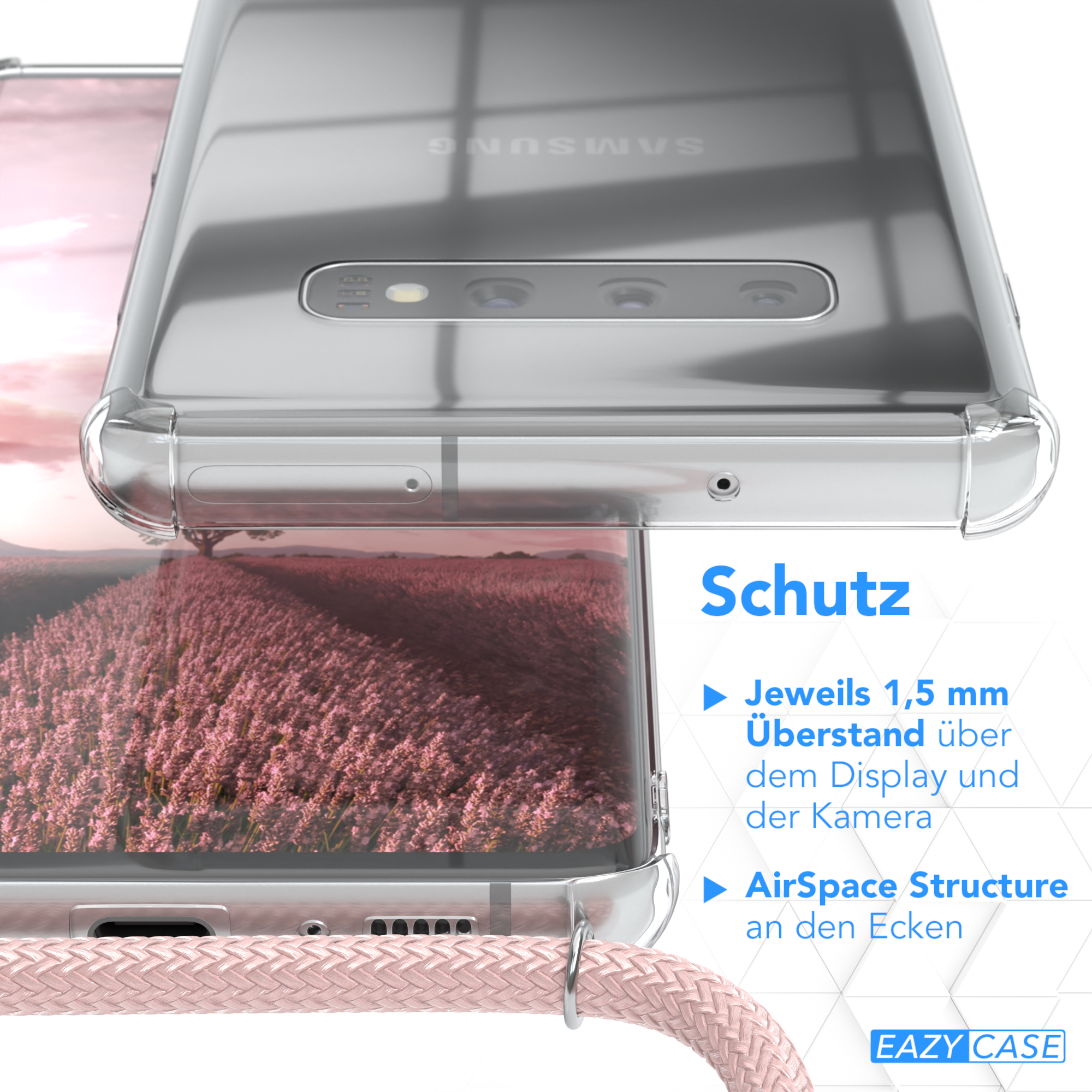 Transparente Handyhülle mit rosa Kordel. Text über Schutzfunktionen ist sichtbar. Die Hülle ist über einem Handy.