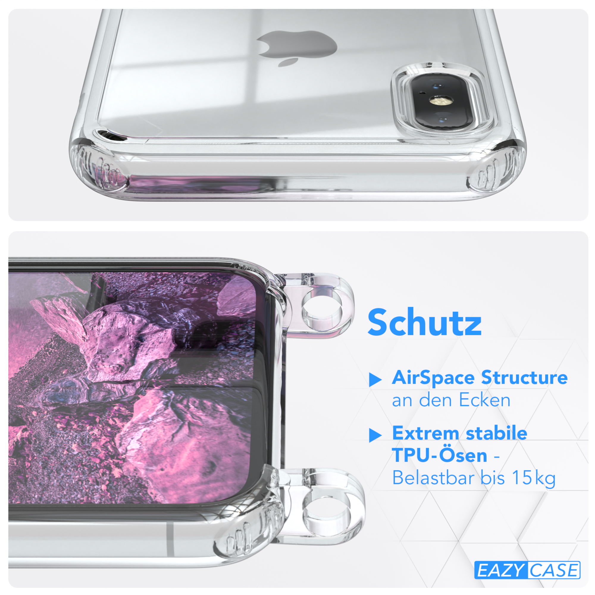 Transparente Handyhülle auf einem Telefon. Text hebt Schutzfunktionen wie erhöhte Kanten und Eckenschutz hervor.