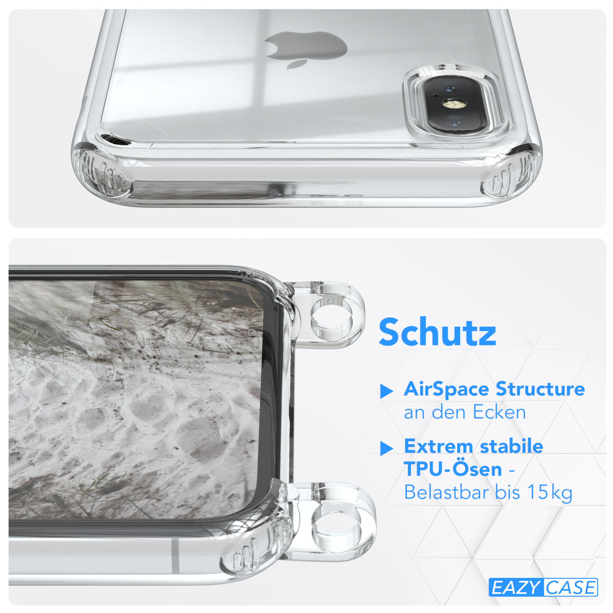 Nahaufnahme einer Handyhülle mit Apple-Logo auf der Rückseite. Der Hintergrund hat Text über Schutz. Eazy Case Logo.