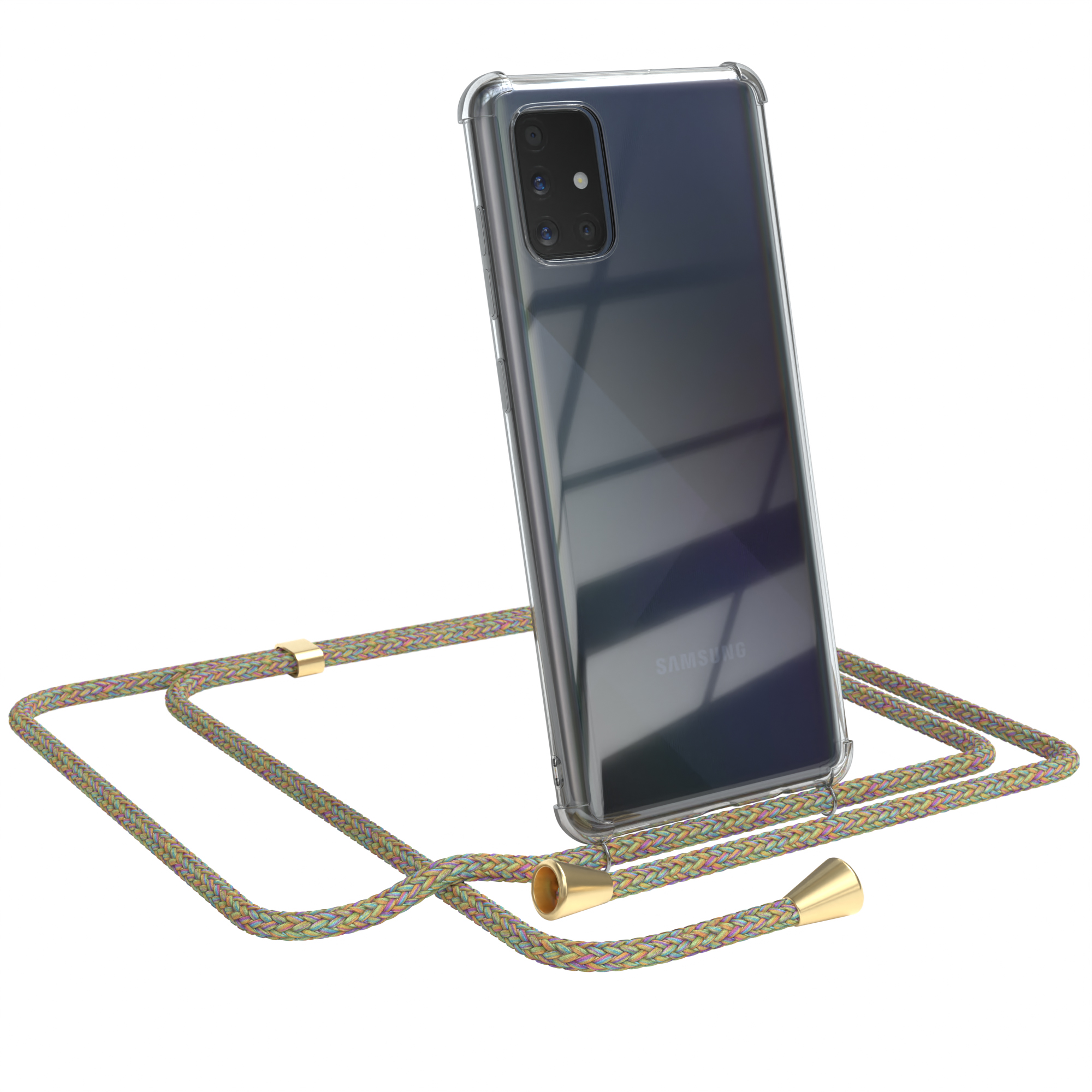 Telefon in klarer Hülle mit buntem Seil. Das Telefon ist von Samsung. Der Hintergrund ist weiß.