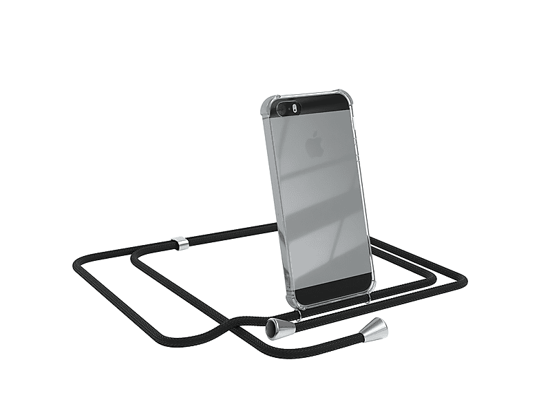 EAZY CASE Clear Cover mit Umhängeband, Umhängetasche, Apple, iPhone SE 2016, iPhone 5 / 5S, Schwarz / Clips Silber