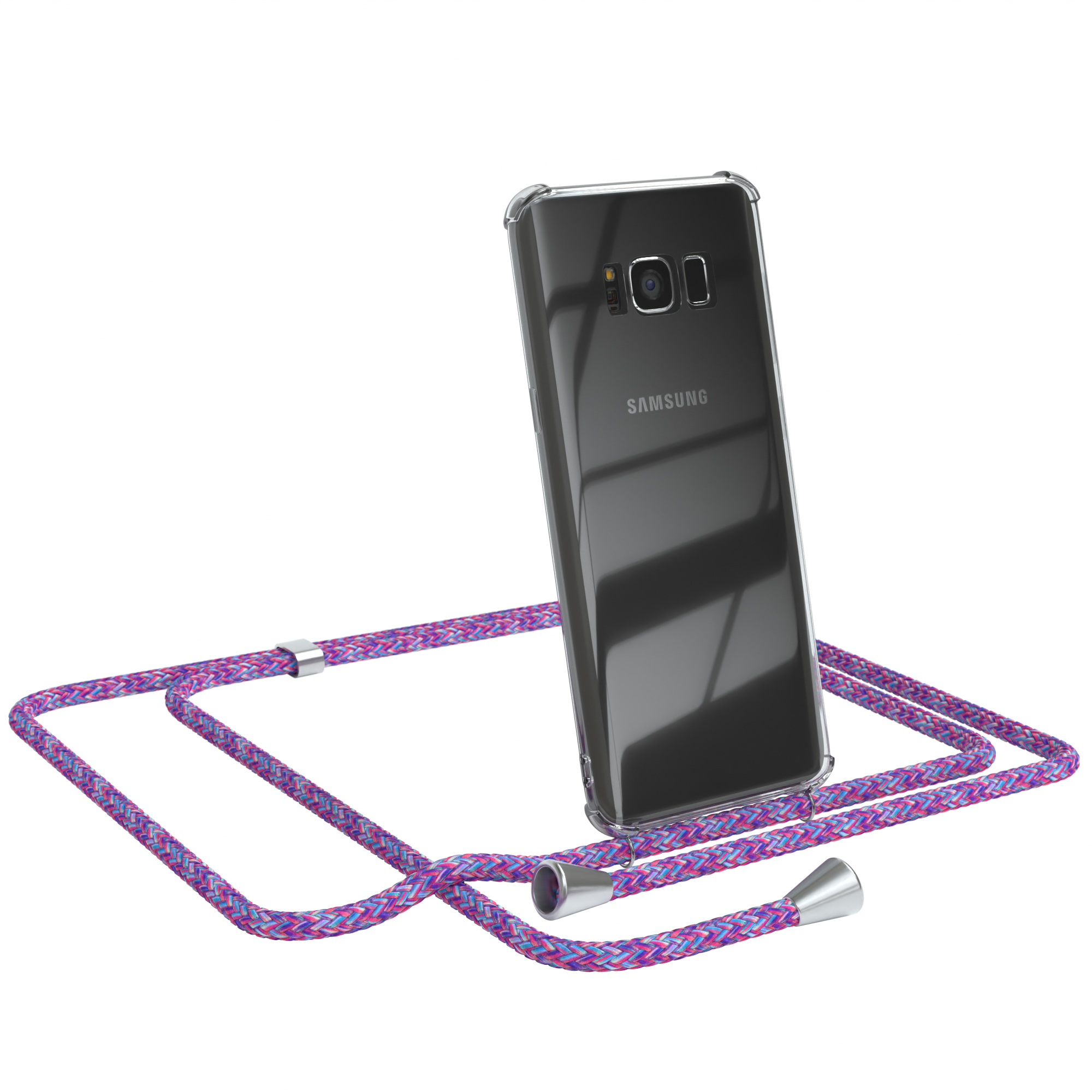 Transparente Handyhülle mit lila Lanyard. Schwarzes Telefon sichtbar. Weißer Hintergrund.