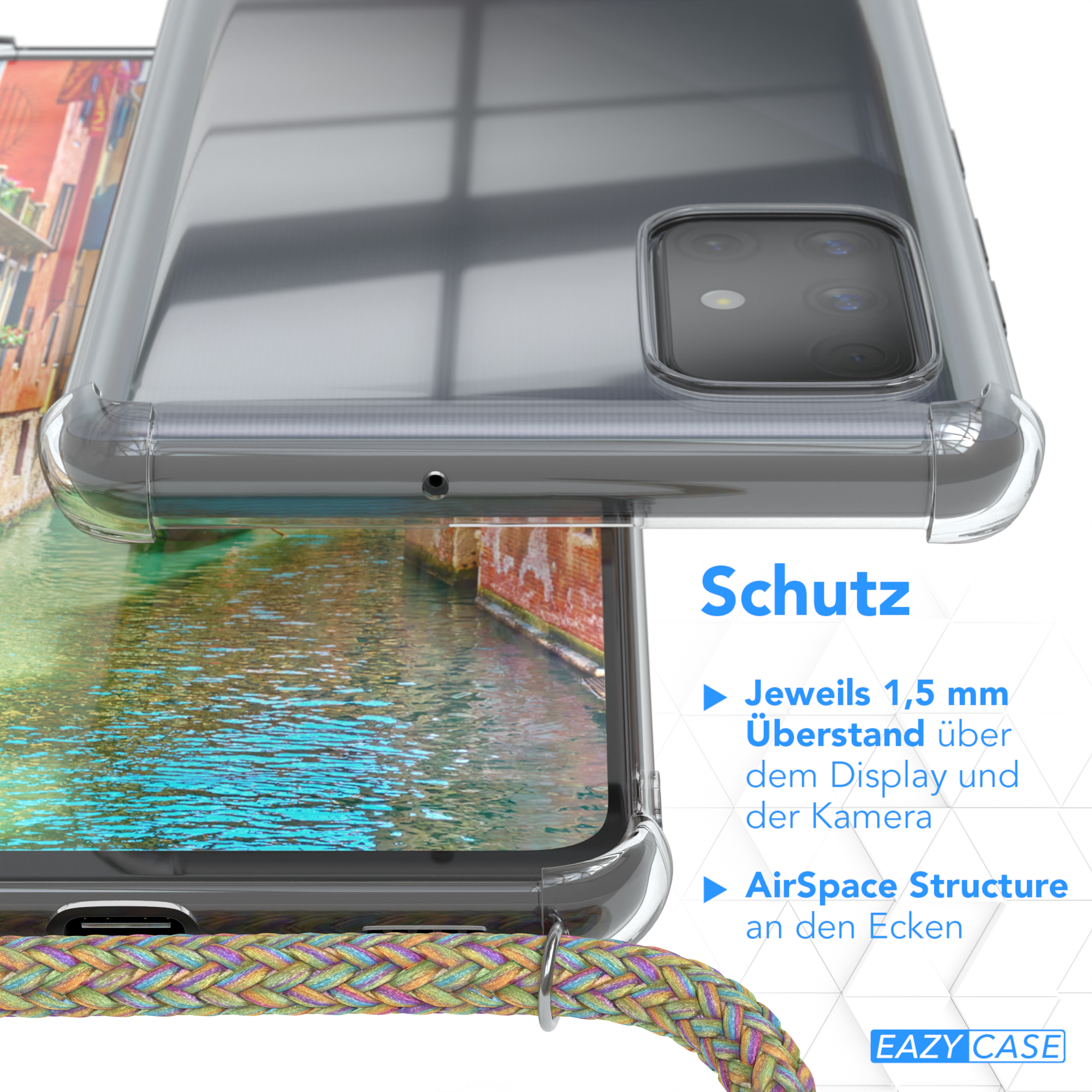 Eine klare Handyhülle über einem Telefon. Text liest Schutz und listet Funktionen auf.