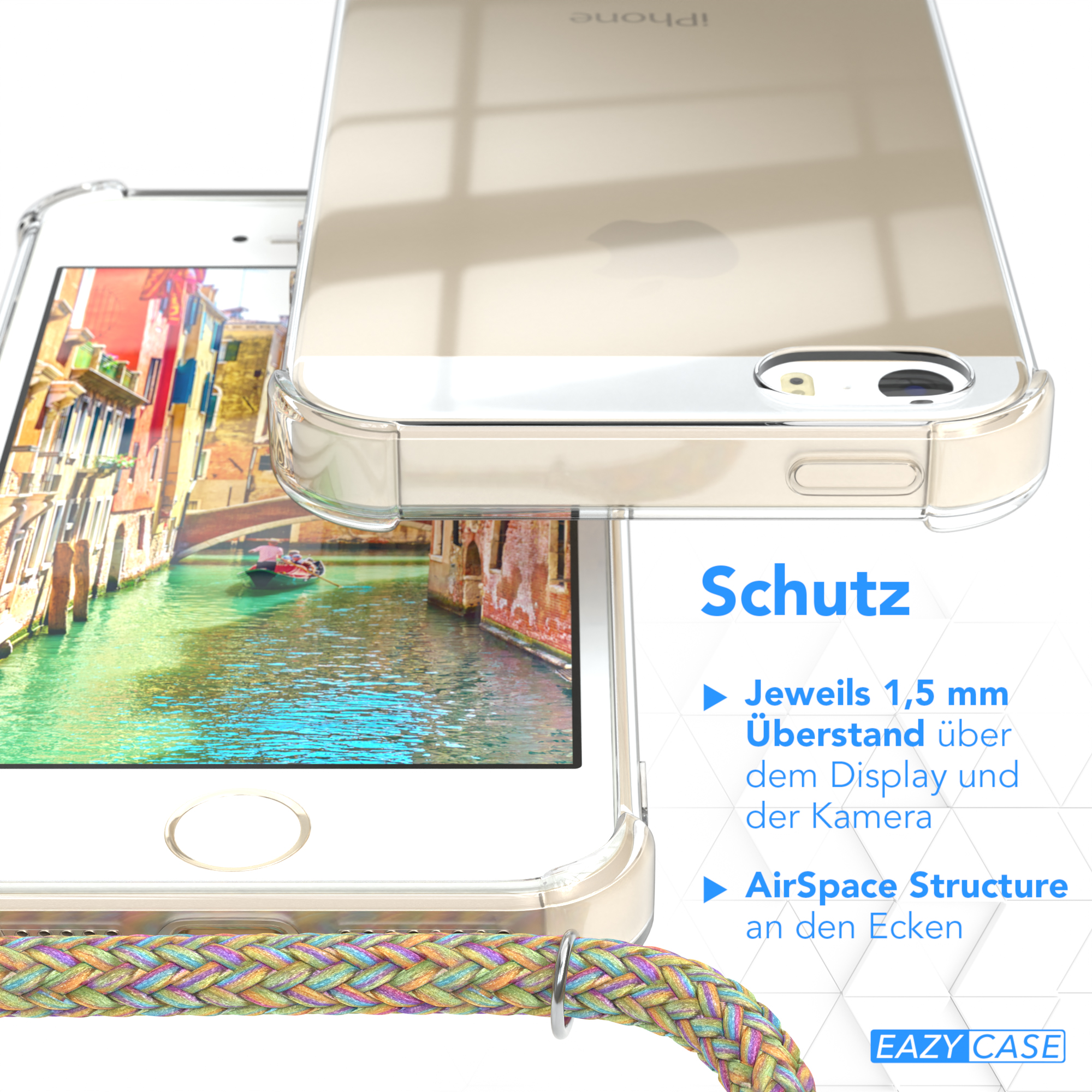 Transparente Handyhülle auf einem Telefon. Text: Schutz, AirSpace Structure. Bild eines Kanals im Hintergrund.