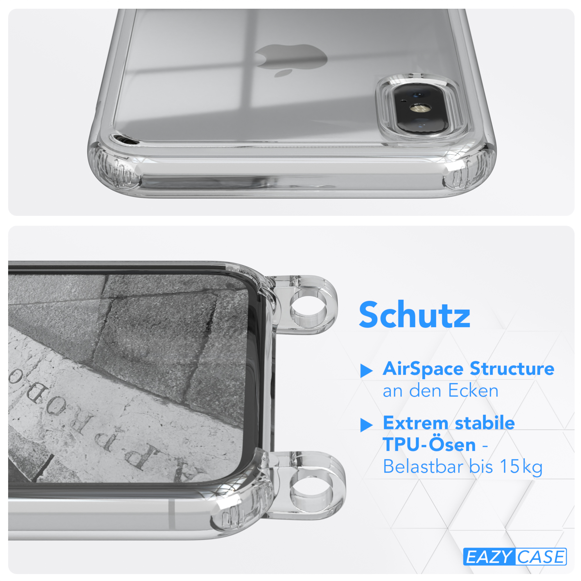 EAZY CASE Umhängeband, Umhängetasche, Apple, X XS, Hellgrau mit Cover Weiß / Clear iPhone