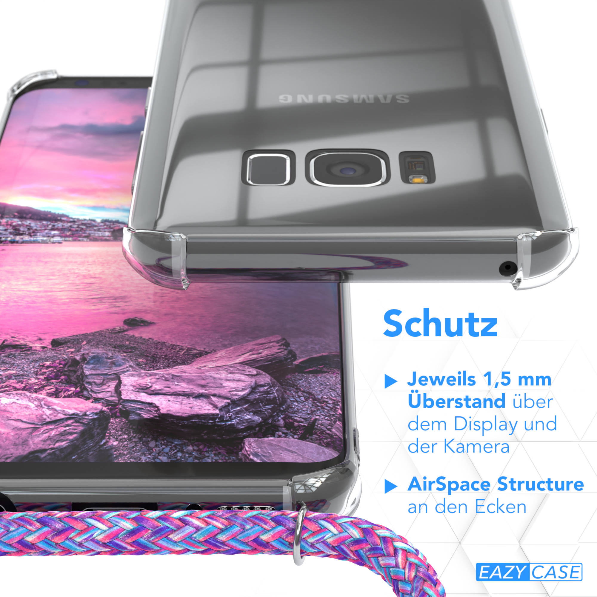 Handyhülle auf einem Telefon, Nahaufnahme, klar. Text erwähnt Schutzmerkmale. Das Case ist an einem lila und pinkfarbenen Kabel.