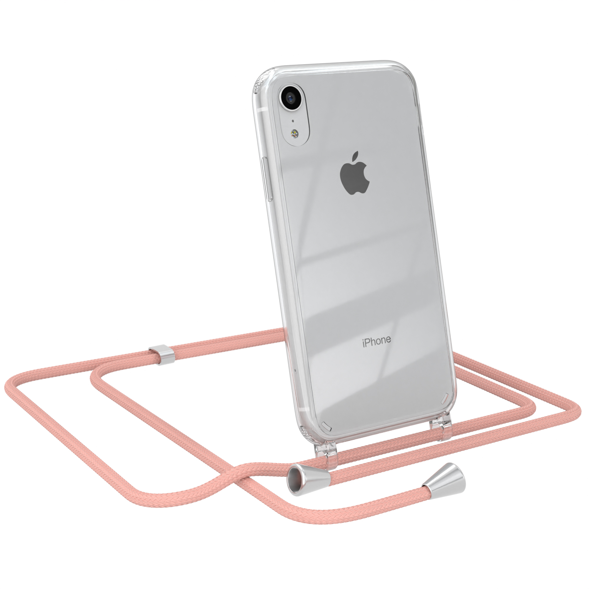 Klare Handyhülle mit rosa Kordel. Telefon ist abgewinkelt. Weißer Hintergrund.