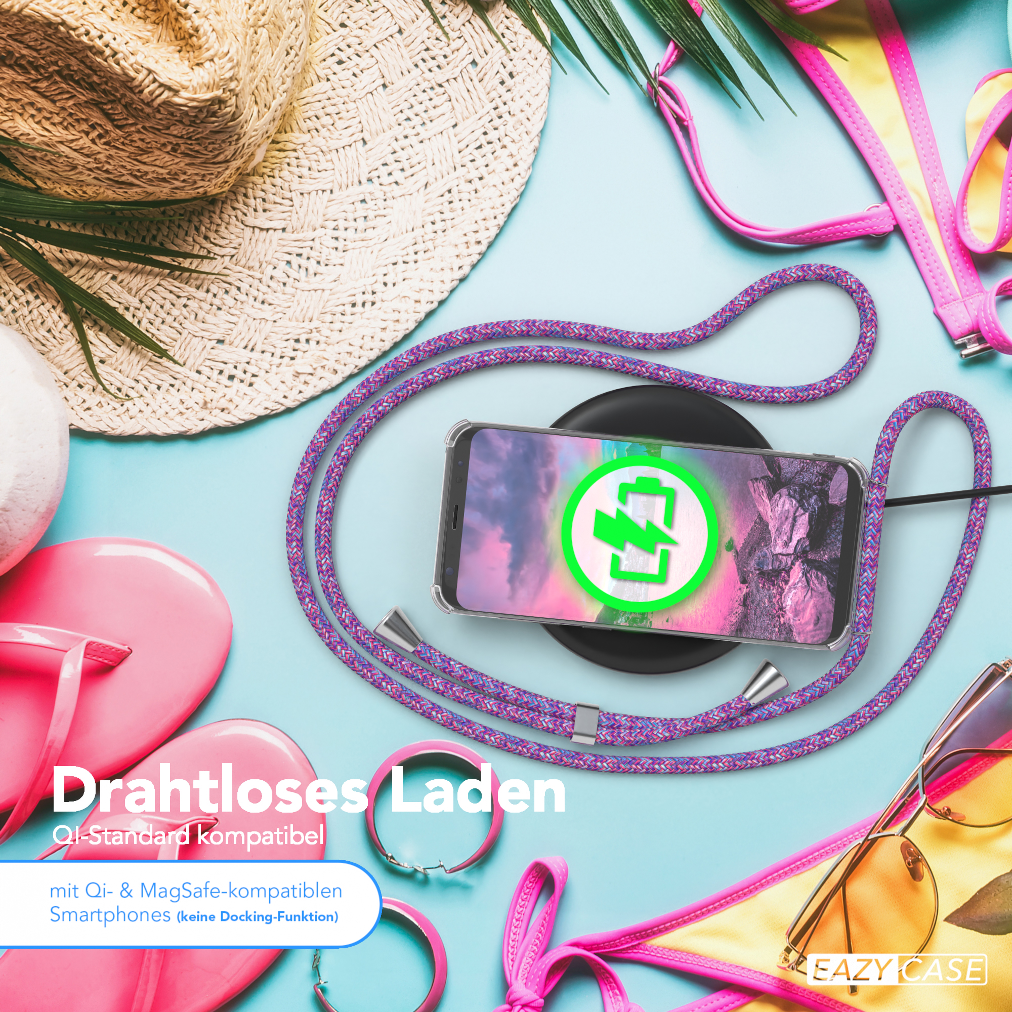 Telefon mit Hülle, umgeben von Accessoires. Hintergrund enthält einen Hut, Sonnenbrille und Bikini.