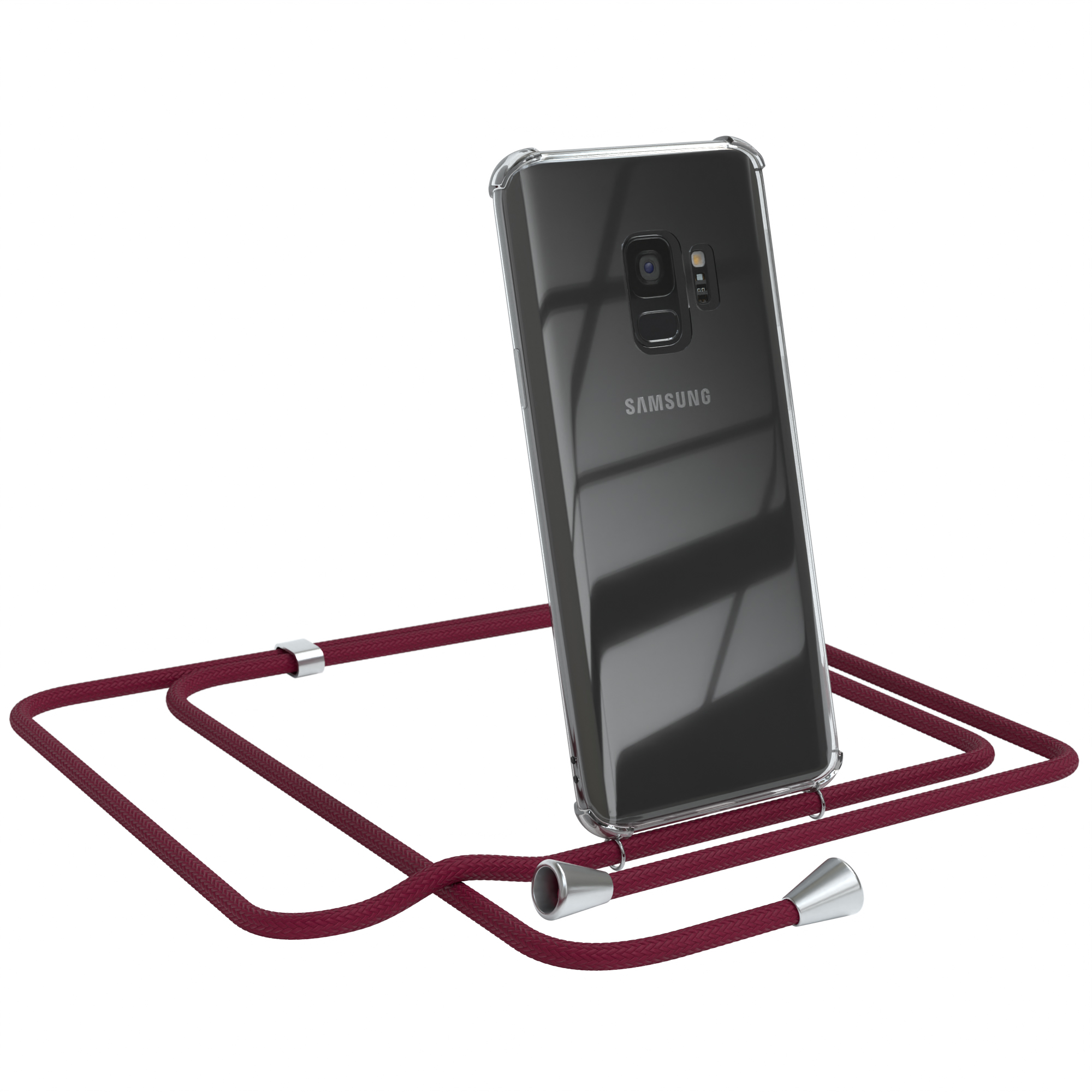 Samsung-Telefon in klarer Hülle mit weinrotem Umhängeband. Telefon lehnt an der Schnur.