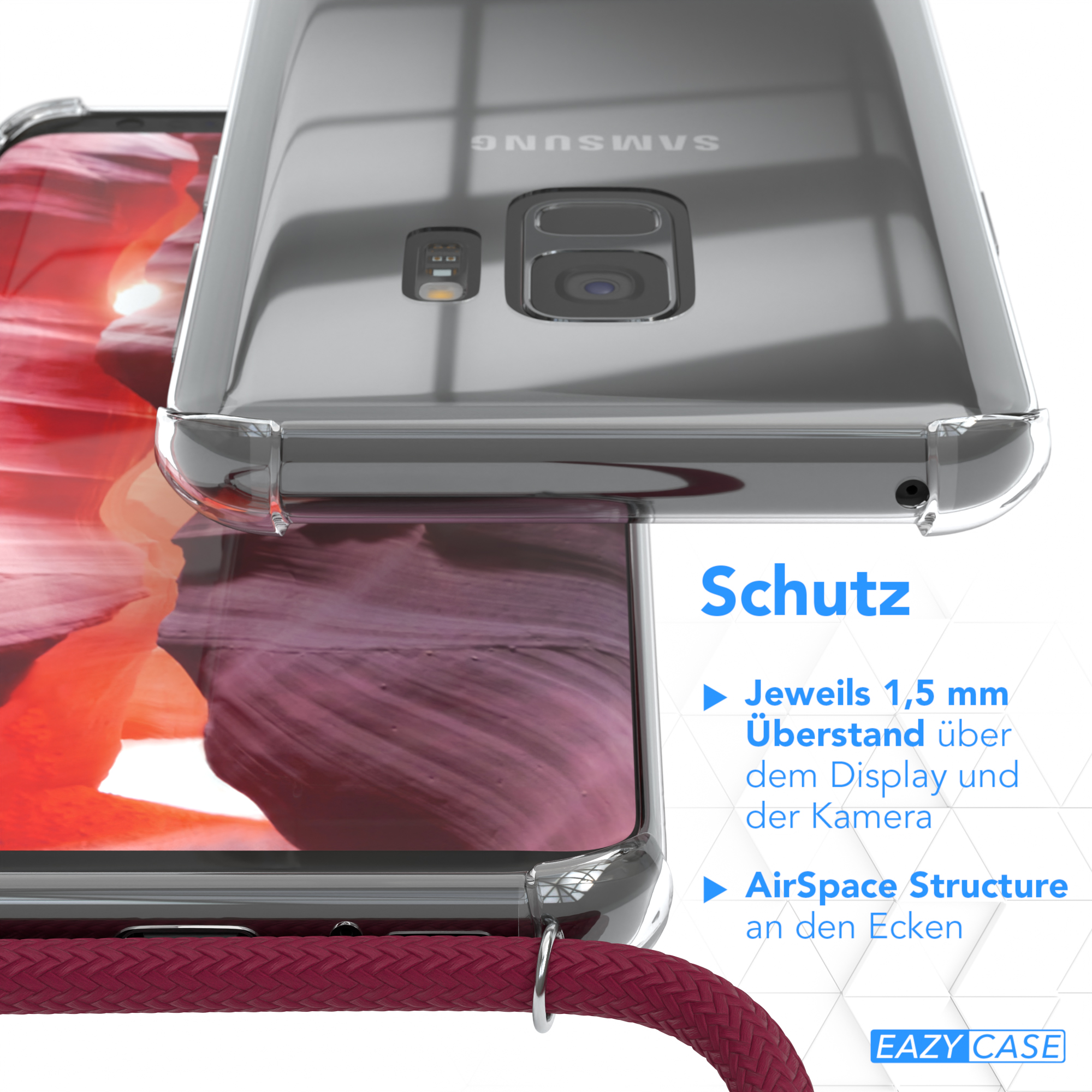 EAZY CASE Clear Cover mit Umhängetasche, Umhängeband, S9, Galaxy / Bordeaux Samsung, Silber Clips Rot