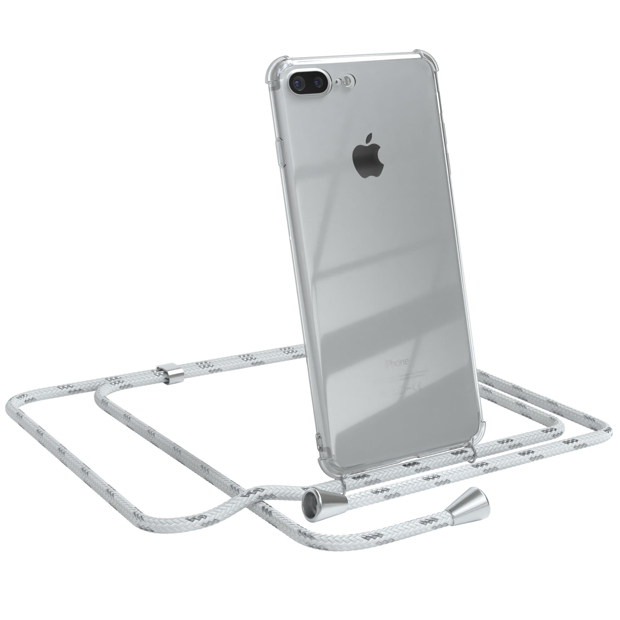 Transparente Handyhülle mit weißem Lanyard, silbernen Akzenten und einem iPhone.