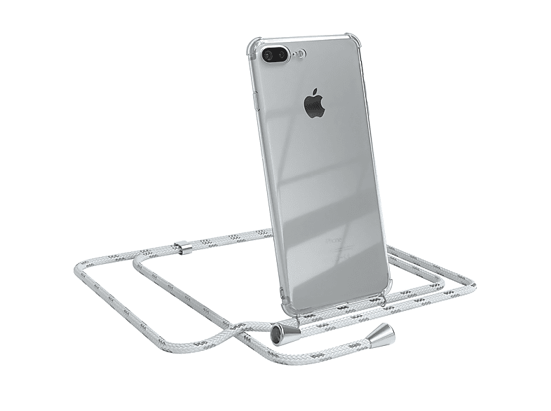 EAZY CASE Clear Cover mit Umhängeband, Umhängetasche, Apple, iPhone 8 Plus / 7 Plus, Weiß / Clips Silber