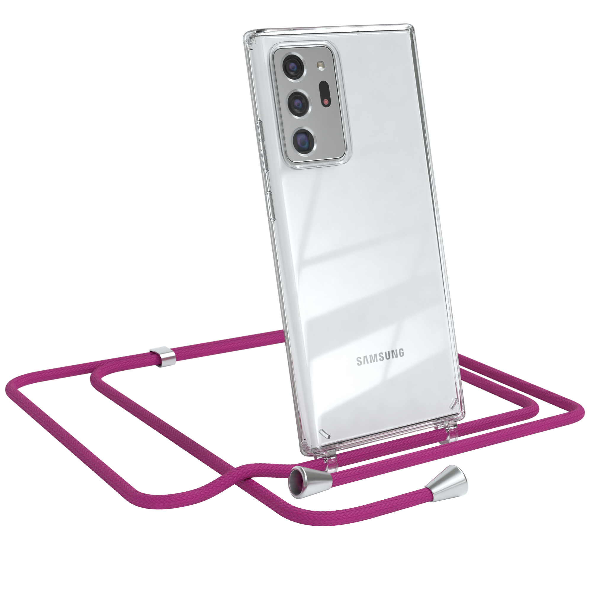 Transparente Handyhülle mit pinkfarbenem Gurt. Ein Samsung-Handy befindet sich in der Hülle. Weißer Hintergrund.