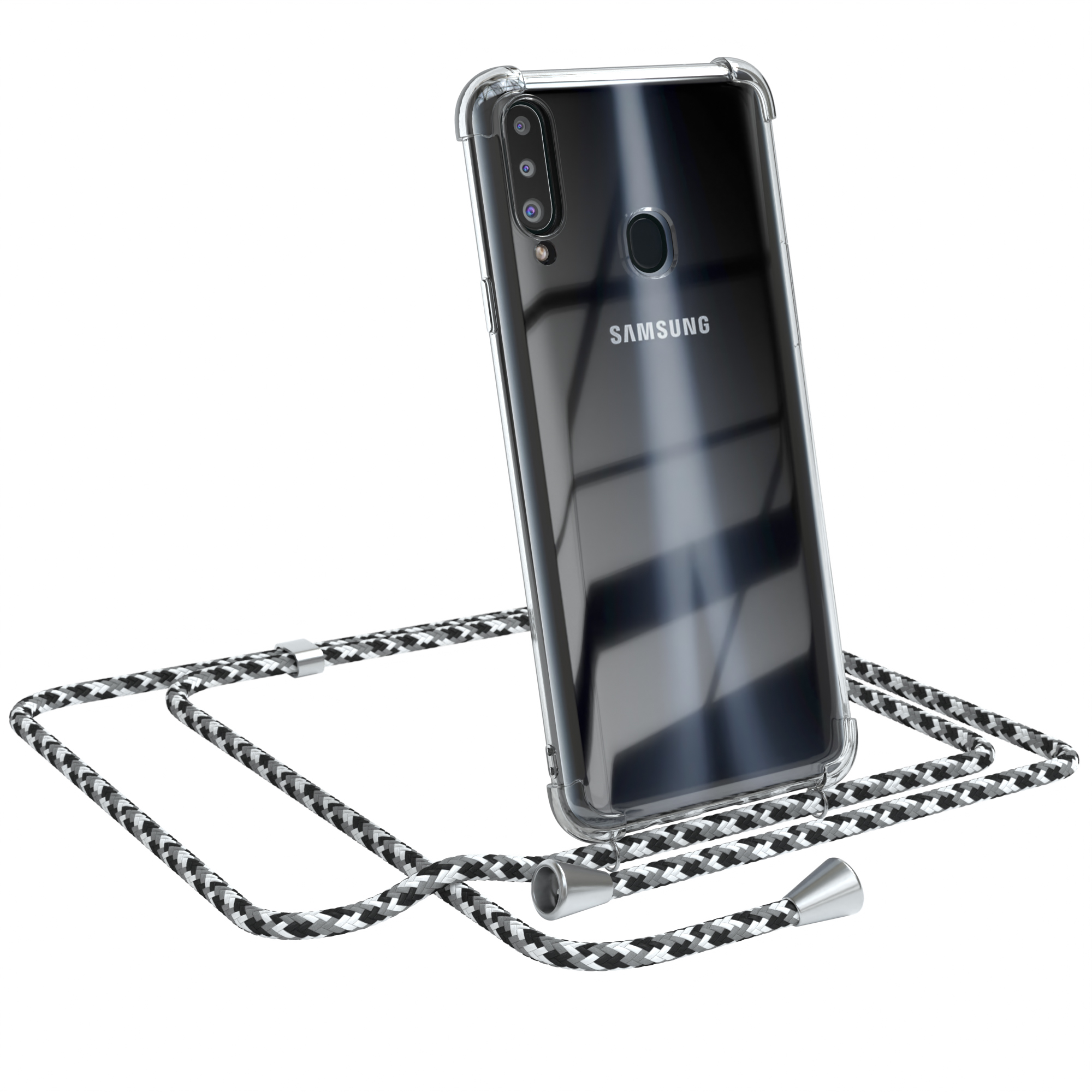 Transparente Handyhülle mit schwarz/weißem Lanyard. Samsung-Telefon sichtbar. Weißer Hintergrund.