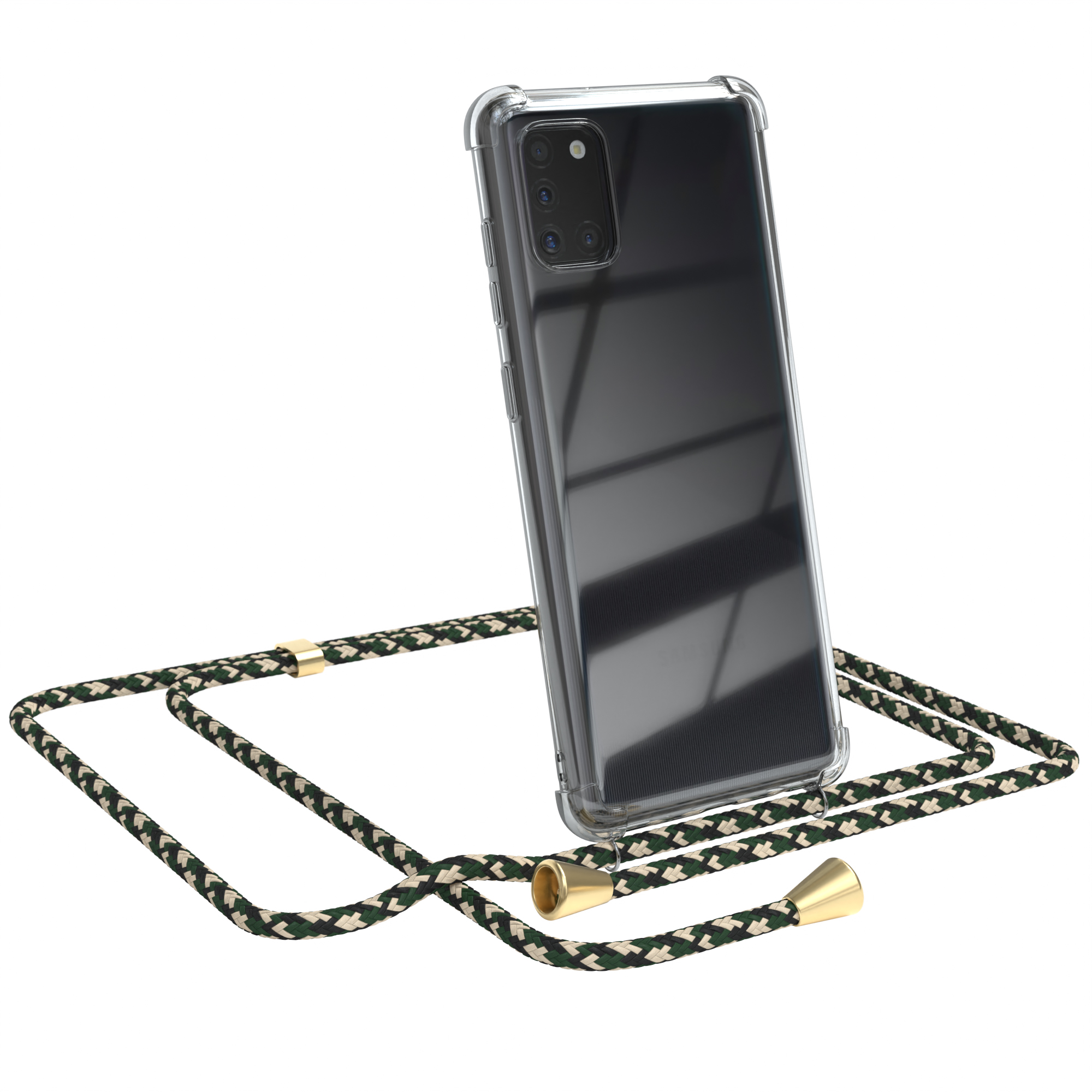 Telefon in klarer Hülle mit grün-braunem Umhängeband. Samsung-Logo sichtbar.