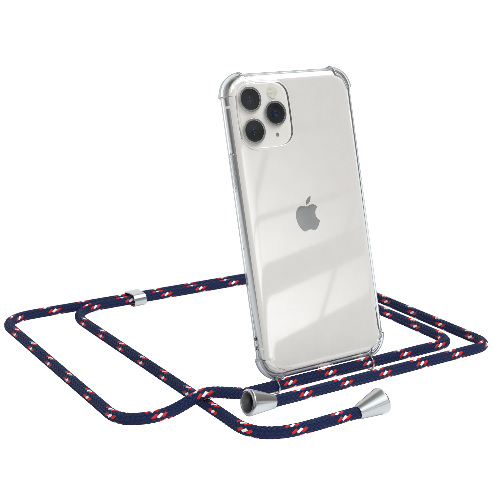 Transparente Handyhülle mit marineblauem, rotem und weißem Schlüsselband. Das Telefon ist ein iPhone mit vier Kameras.