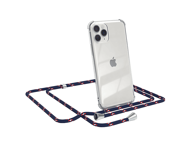 EAZY CASE Clear Cover mit Umhängeband, Umhängetasche, Apple, iPhone 11 Pro, Blau Camouflage / Clips Silber