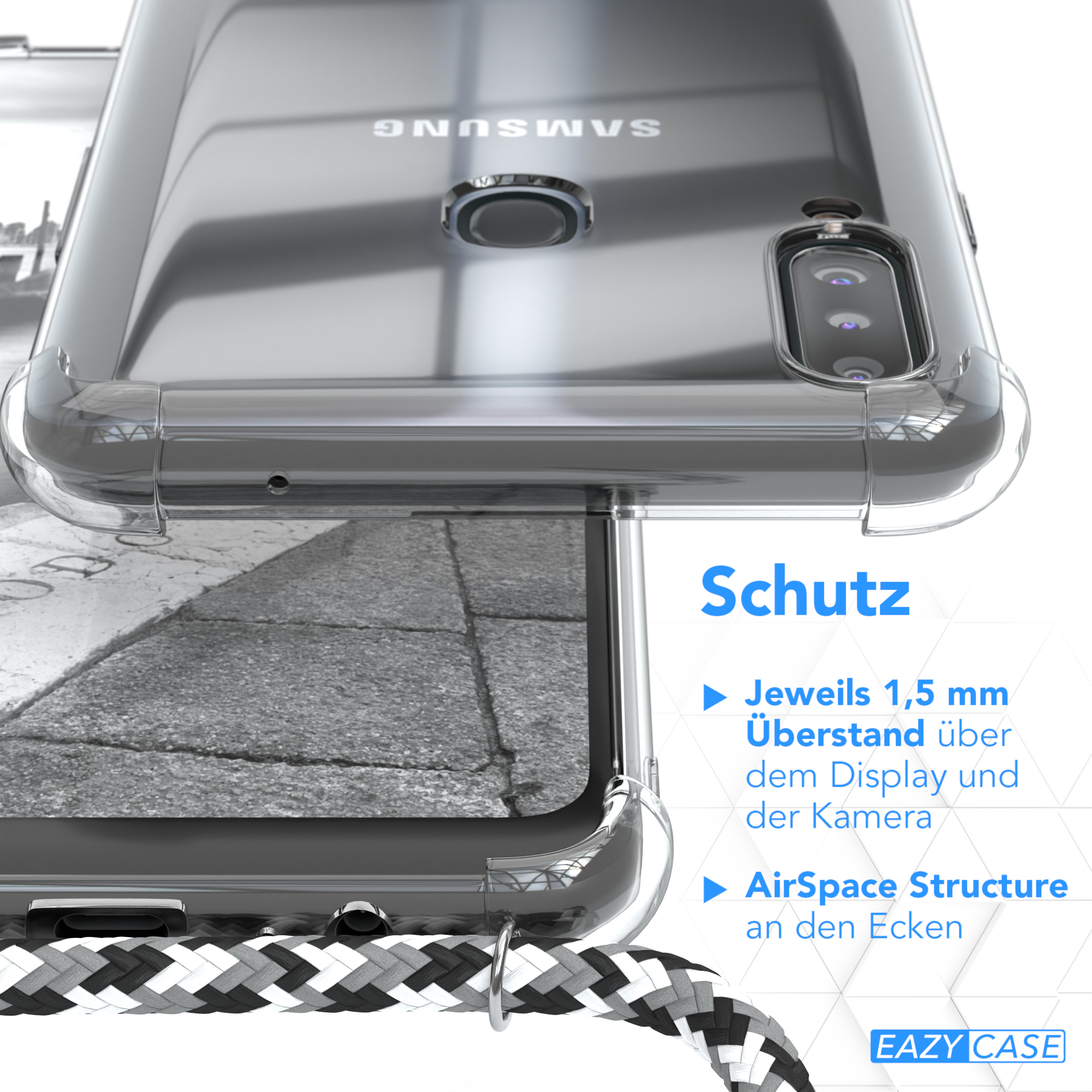 EAZY CASE Clear Umhängetasche, A20s, Camouflage mit Schwarz Silber Cover / Samsung, Galaxy Umhängeband, Clips