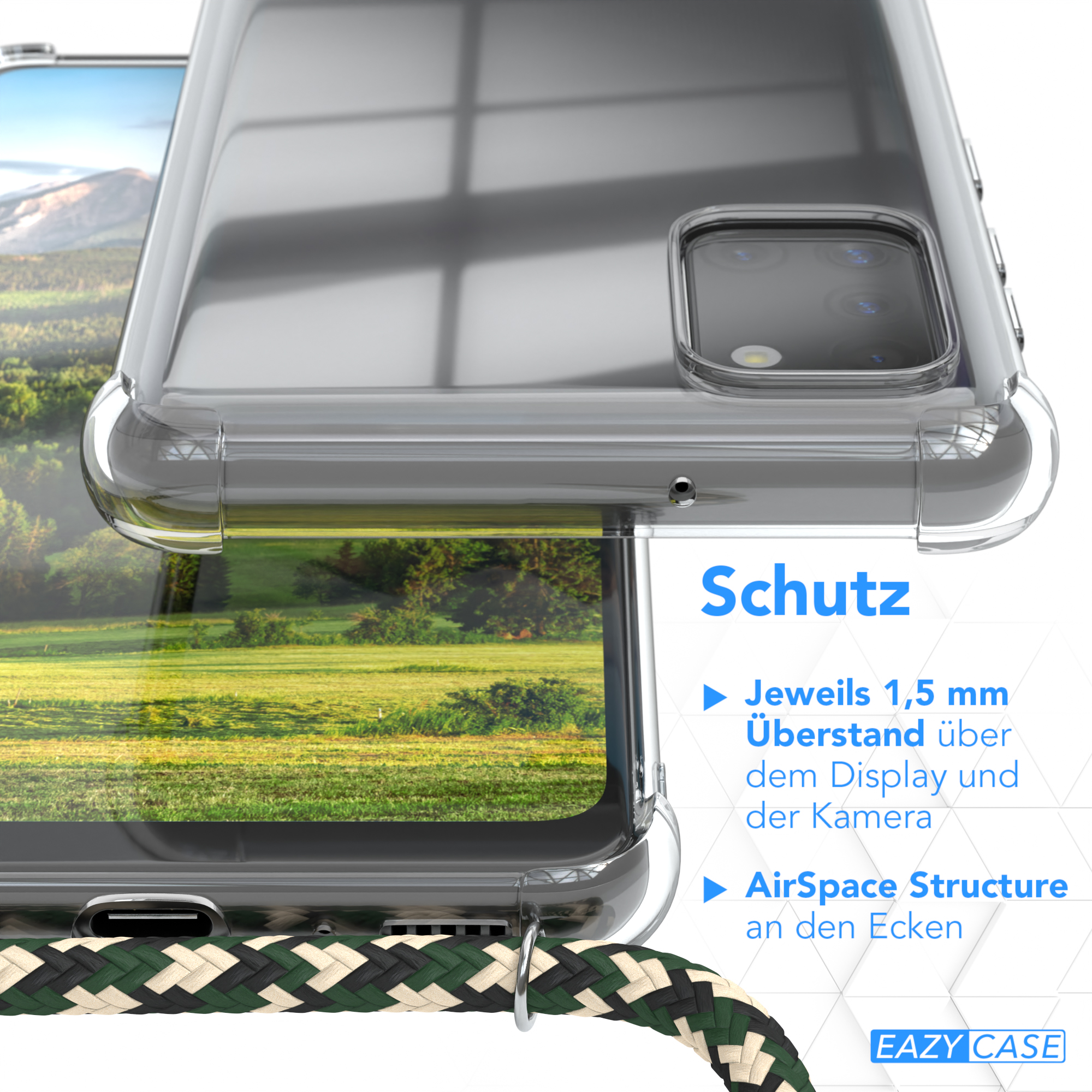 Transparente Handyhülle auf dem Telefon. Text: Schutz, AirSpace Structure und 1,5 mm Displayschutz.