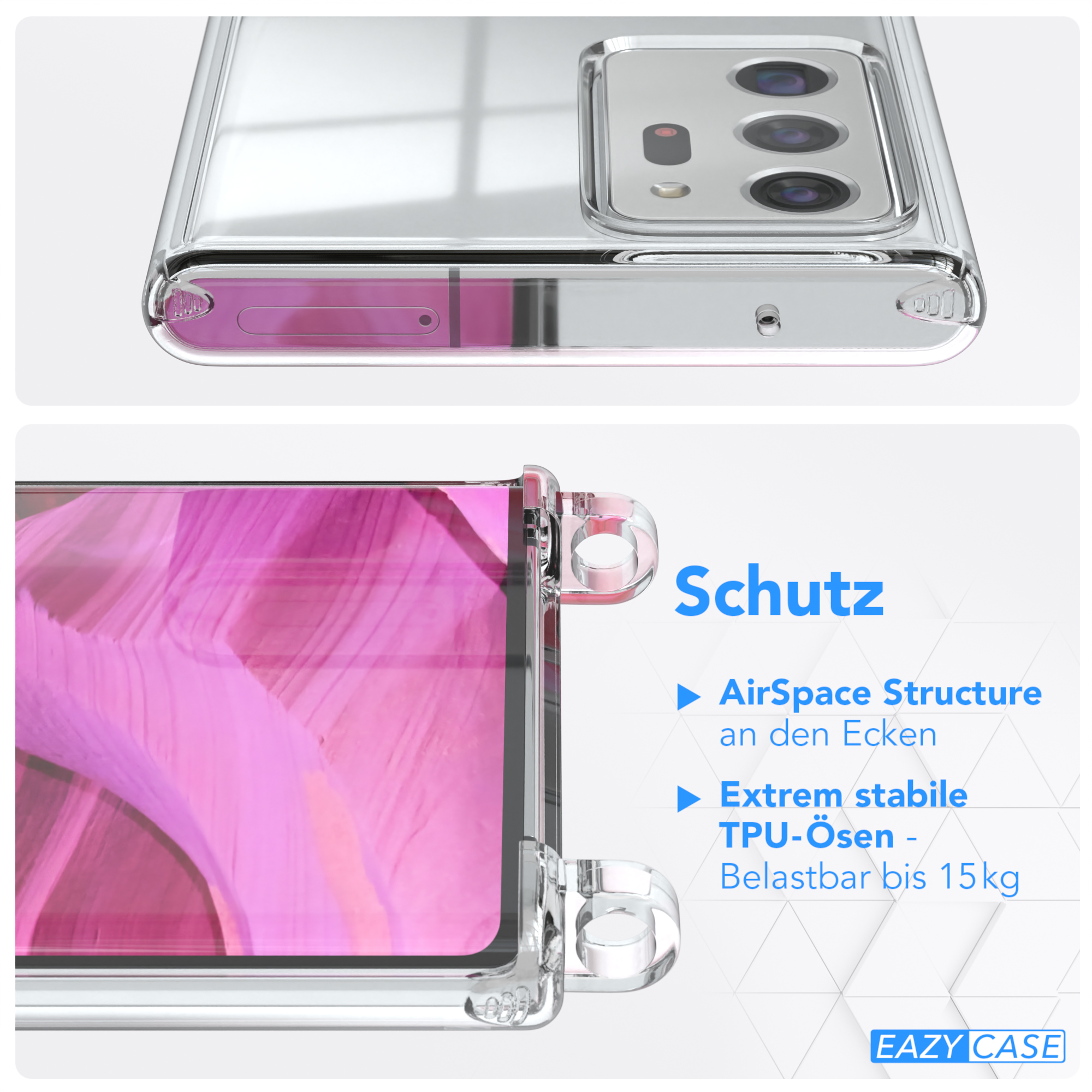 EAZY CASE Clear Cover Samsung, / Galaxy 20 Note Ultra Pink Umhängeband, Ultra 5G, Note Umhängetasche, 20 Silber / mit Clips