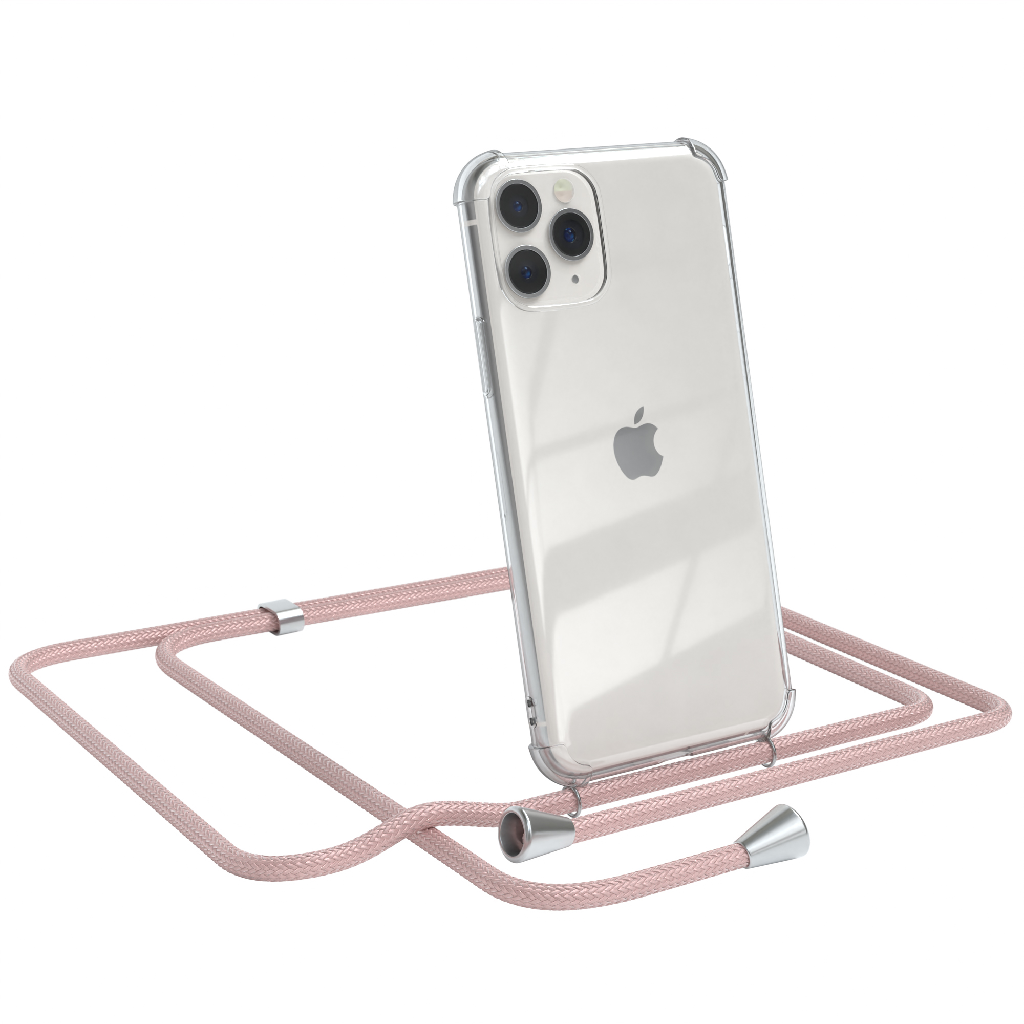 EAZY CASE Clear Cover Umhängetasche, Clips Pro, Rosé / Apple, Silber Umhängeband, mit iPhone 11
