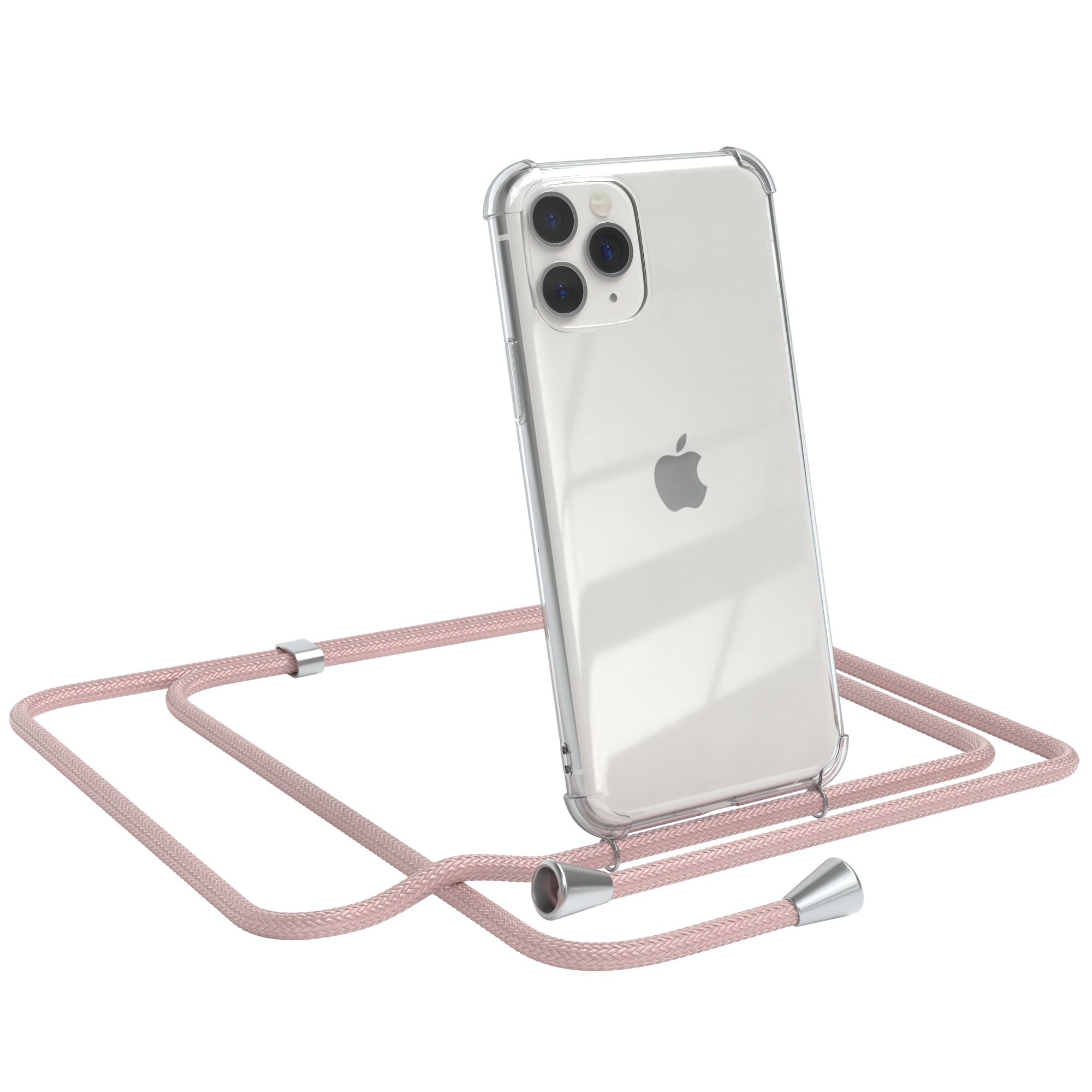 Transparente Handyhülle mit rosa Kordel. Das Telefon ist ein iPhone. Weißer Hintergrund.
