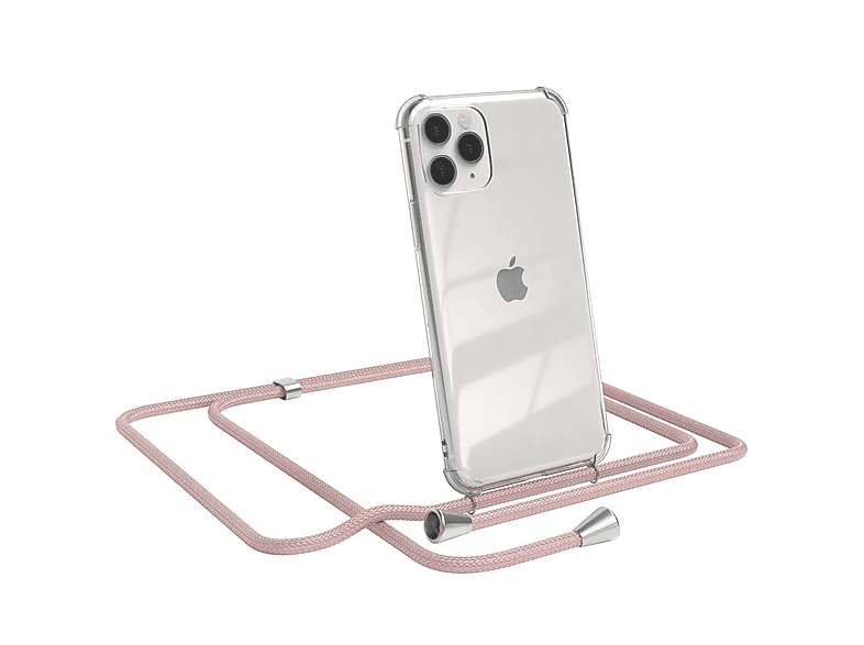 EAZY CASE Clear Cover mit Umhängeband, Umhängetasche, Apple, iPhone 11 Pro, Rosé / Clips Silber