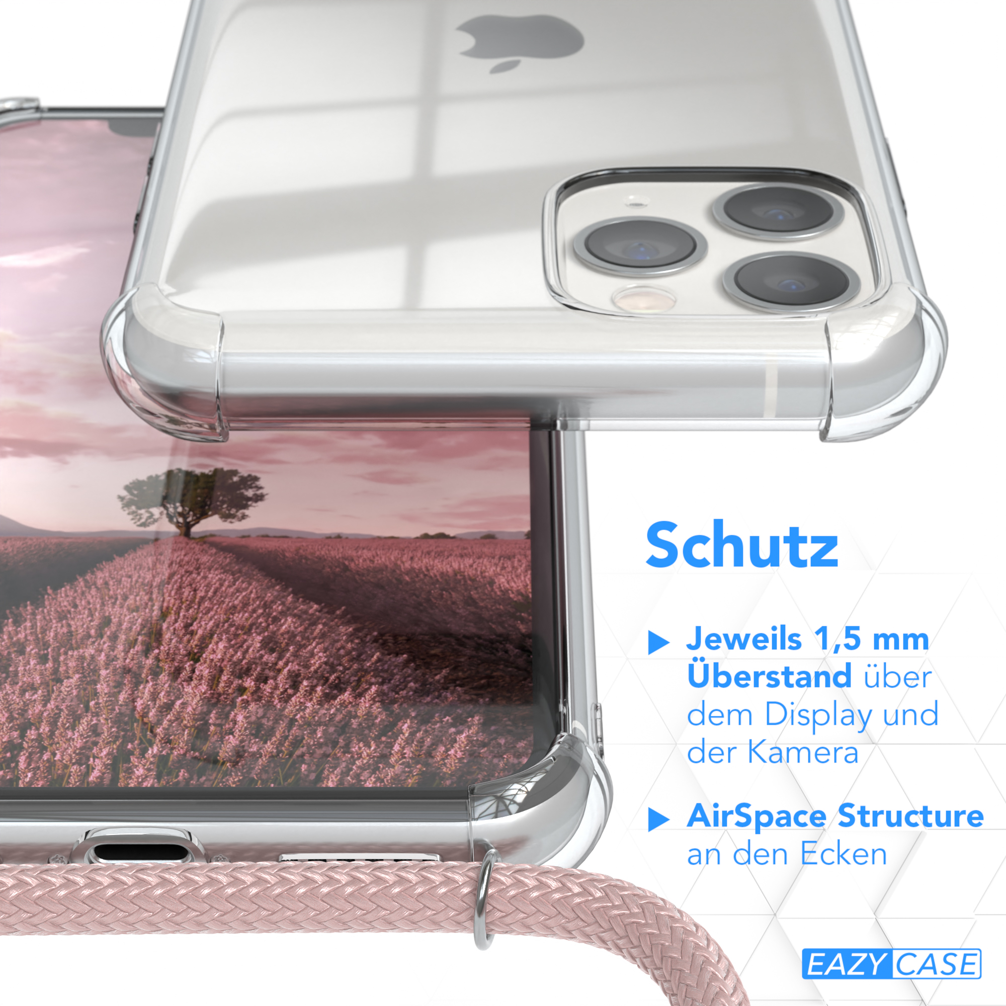 Handyhülle über einem Telefon mit Lavendelfeld im Hintergrund, mit Marketingtext.