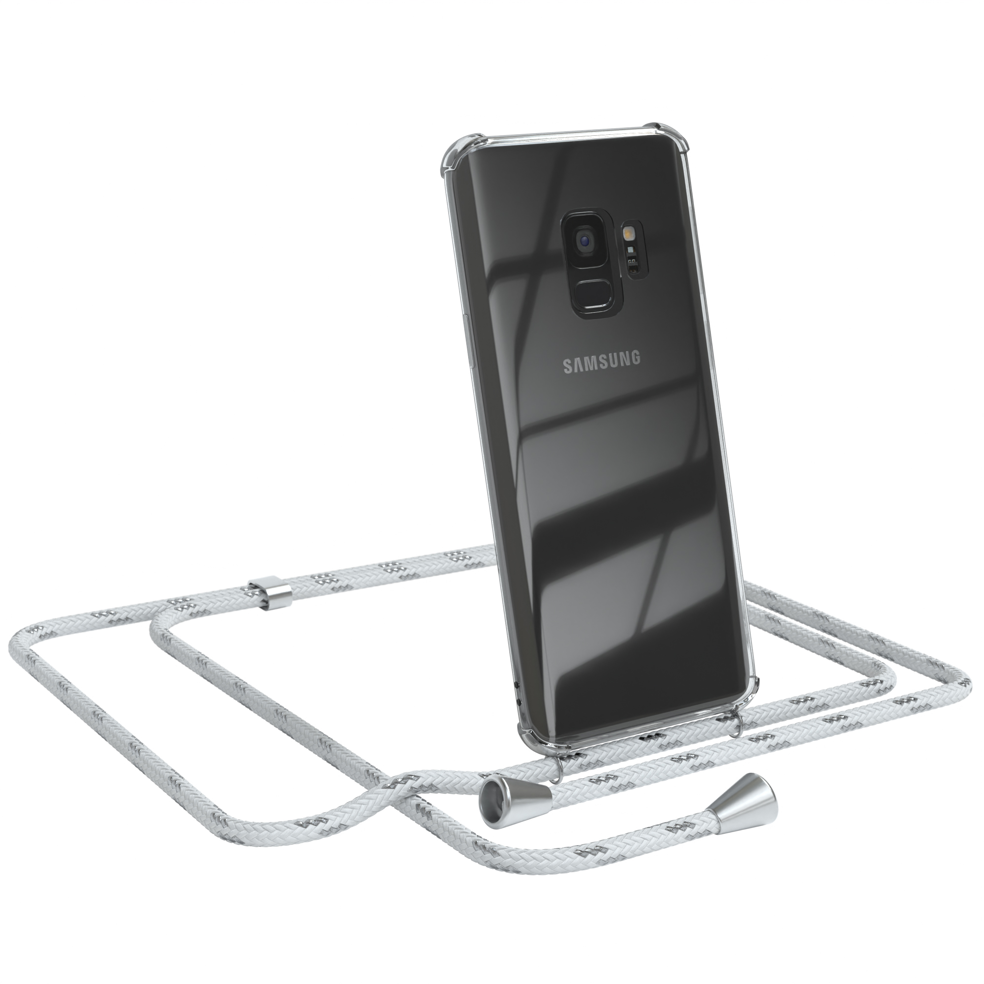 EAZY CASE Clear Cover Umhängeband, mit Weiß Clips Umhängetasche, / Silber Galaxy S9, Samsung