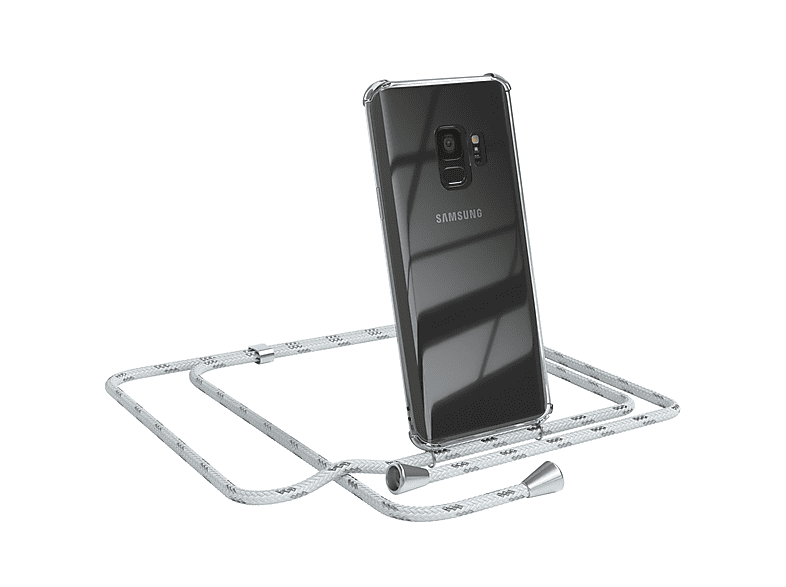 EAZY CASE Clear Cover Umhängeband, mit Weiß Clips Umhängetasche, / Silber Galaxy S9, Samsung