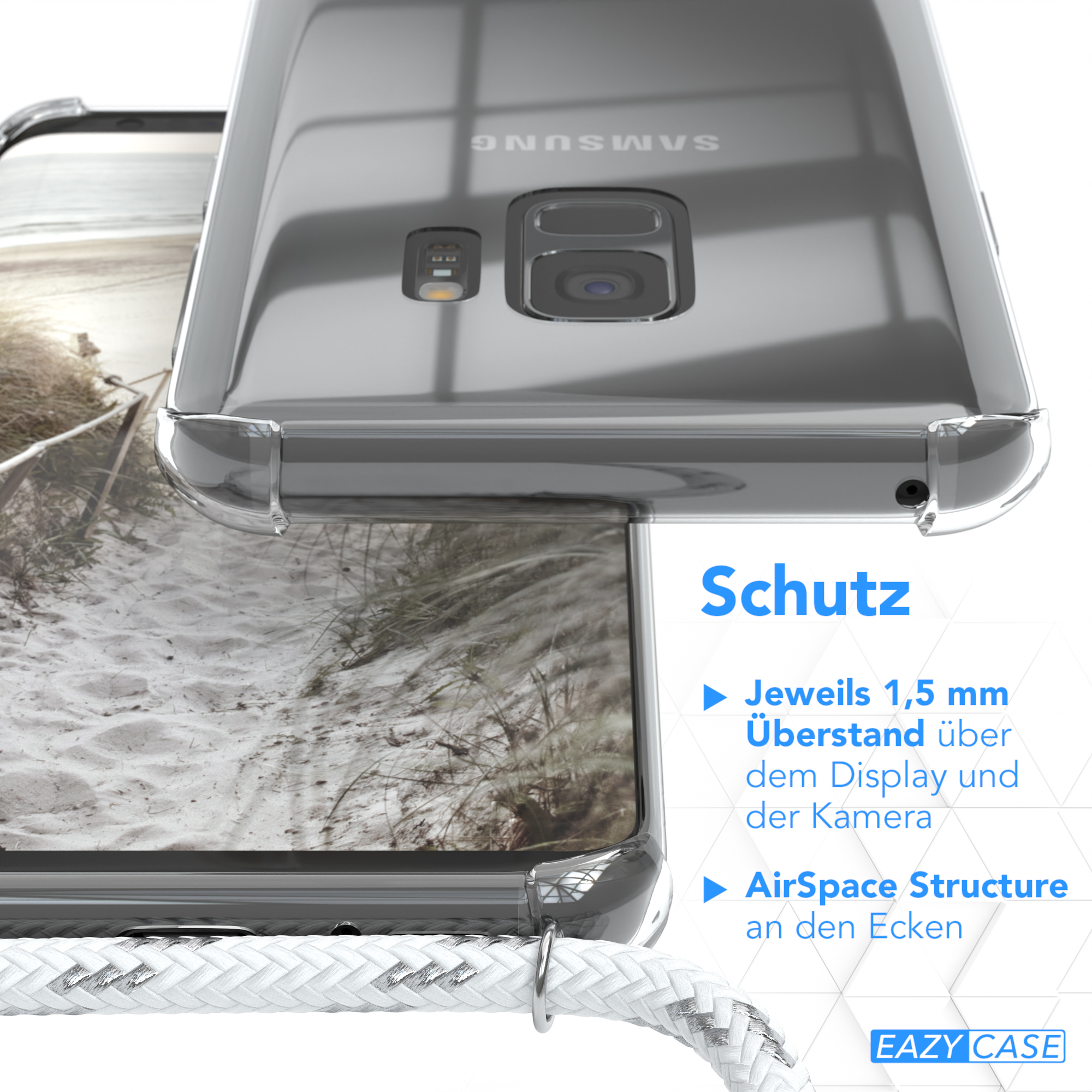EAZY CASE Clear Cover Silber mit / Clips Umhängeband, Umhängetasche, S9, Weiß Galaxy Samsung