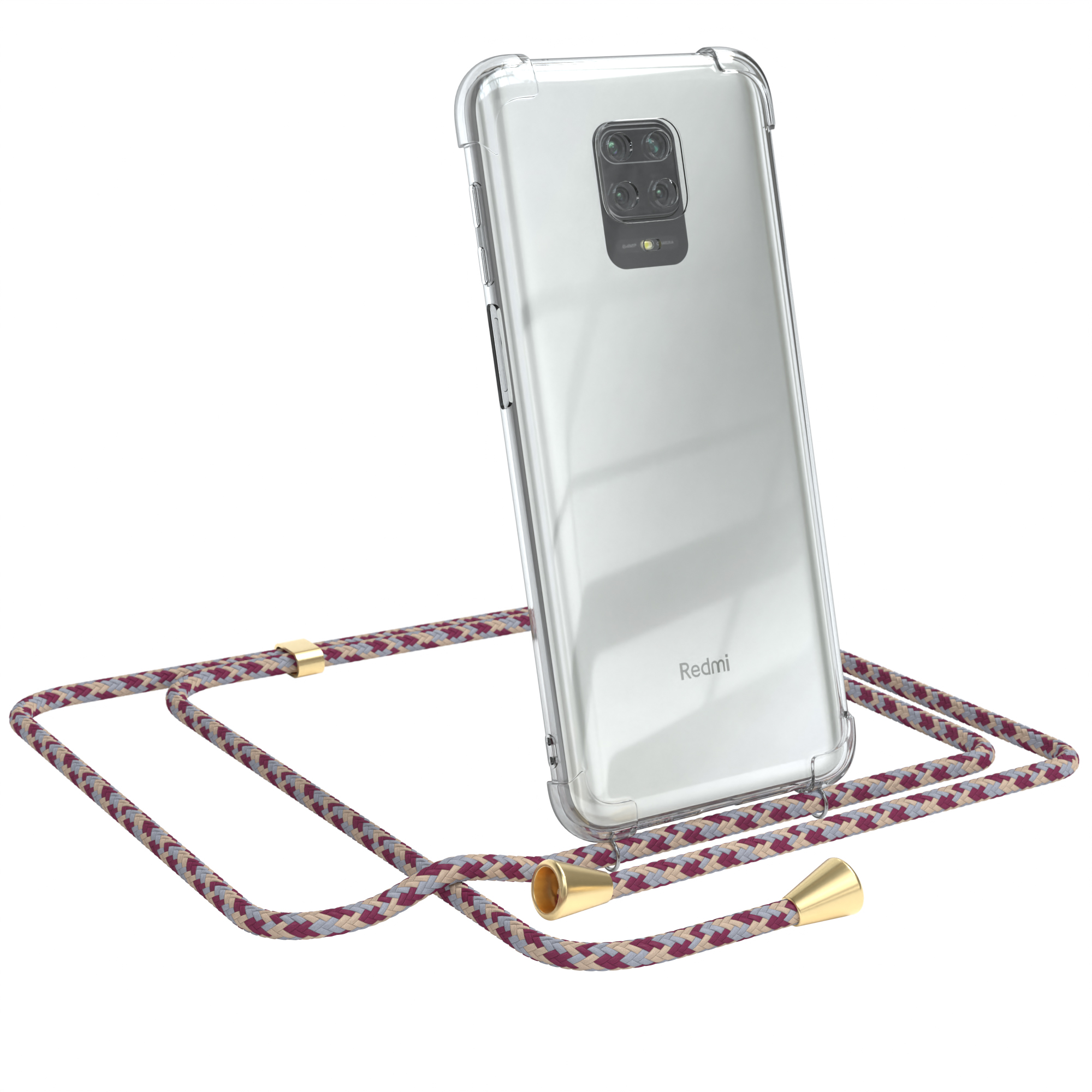 Transparente Handyhülle mit weinrotem, rosa und cremefarbenem Umhängeband. Redmi-Telefon.