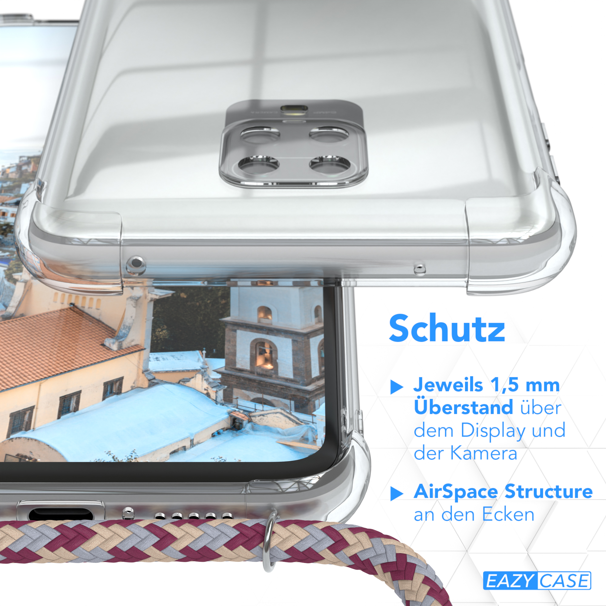 Eine transparente Handyhülle mit buntem Gurt im Nahbereich. Der Hintergrund zeigt eine Stadtlandschaft.