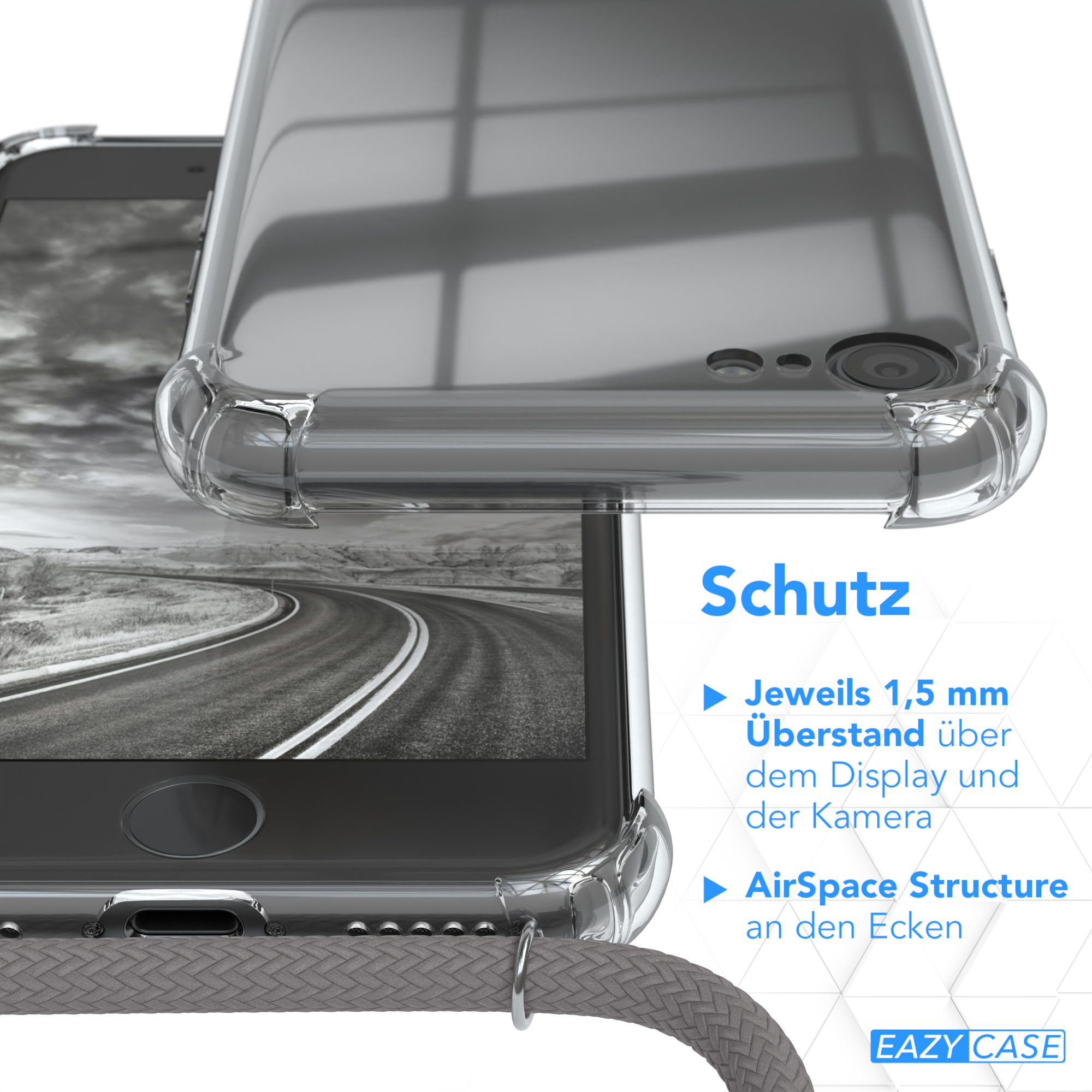 Transparente Handyhülle mit grauer Kordel. Text über Schutzfunktionen ist sichtbar. Die Hülle ist über einem Handy.