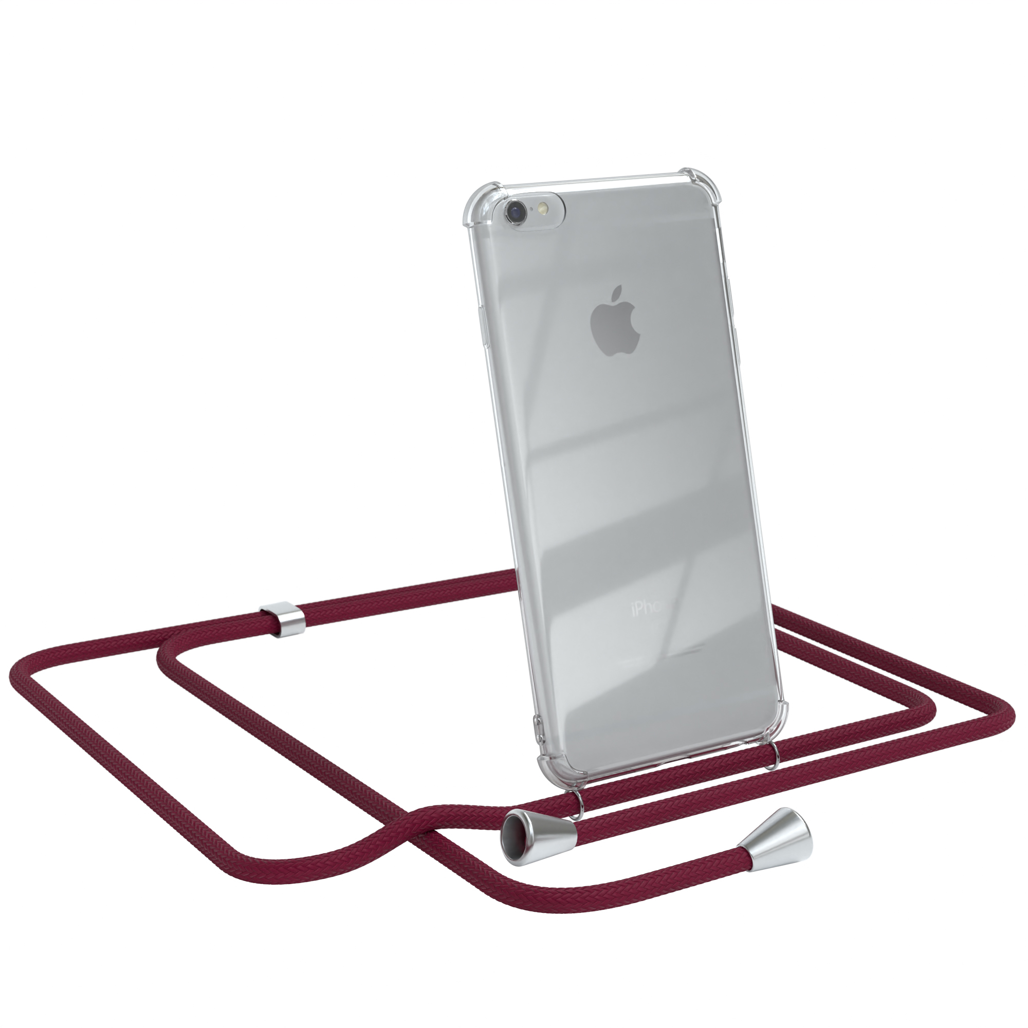 Transparente Handyhülle mit bordeauxfarbenem Kabel. Telefon lehnt. Apple Logo. Weiß.