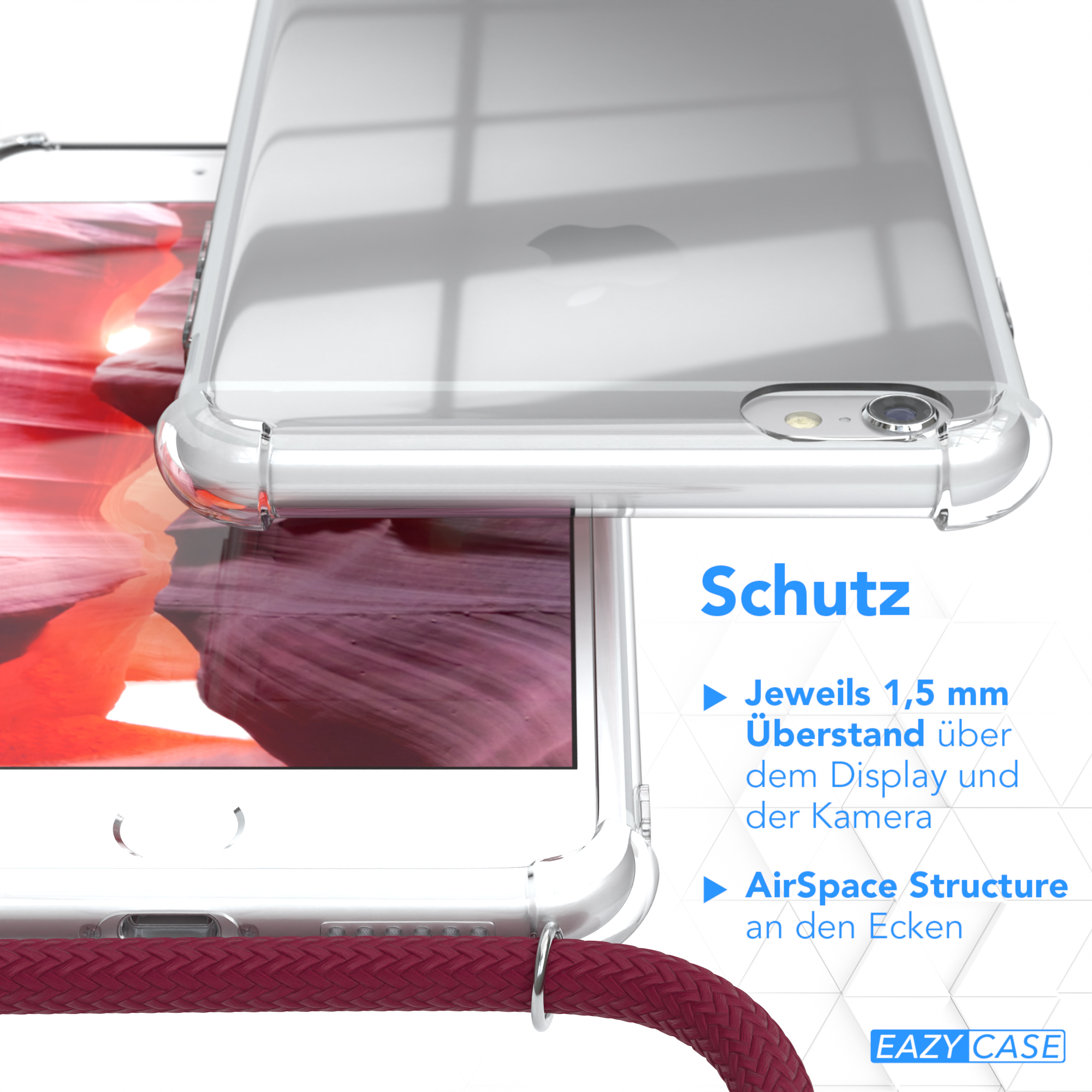 Eine transparente Handyhülle. Die Hülle schützt die Ecken. Ein roter Riemen ist befestigt.